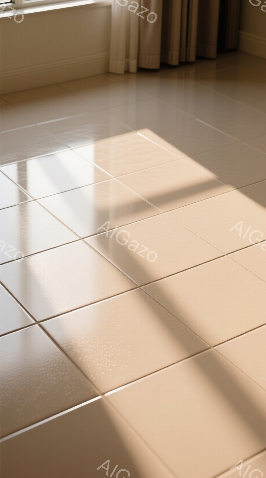 明るい日差しが差し込む、ベージュ色のタイル張りの床が印象的な写真です。窓から差し込む光がタイルに影を作り、規則的な模様を強調しています。背景には薄い色のカーテンが見え、室内が静かで落ち着いた雰囲気を感じさせます。