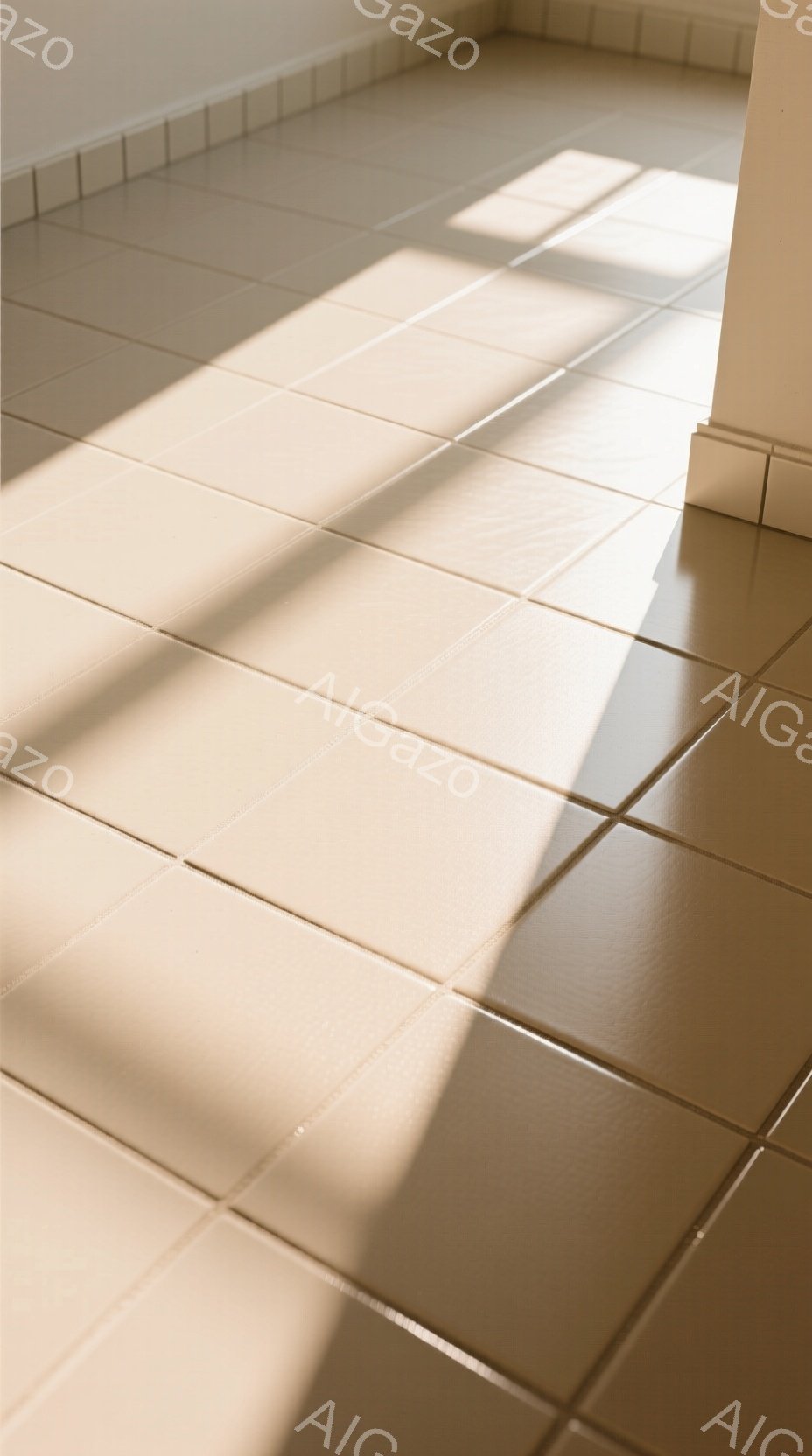 画像はベージュ色のタイル張りの床の一部を捉えており、強い光が差し込み、規則的な影を生み出している。タイルの配置は正方形で整然としており、光と影のコントラストがモダンでミニマルな雰囲気を醸し出している。 - AI生成フリー素材