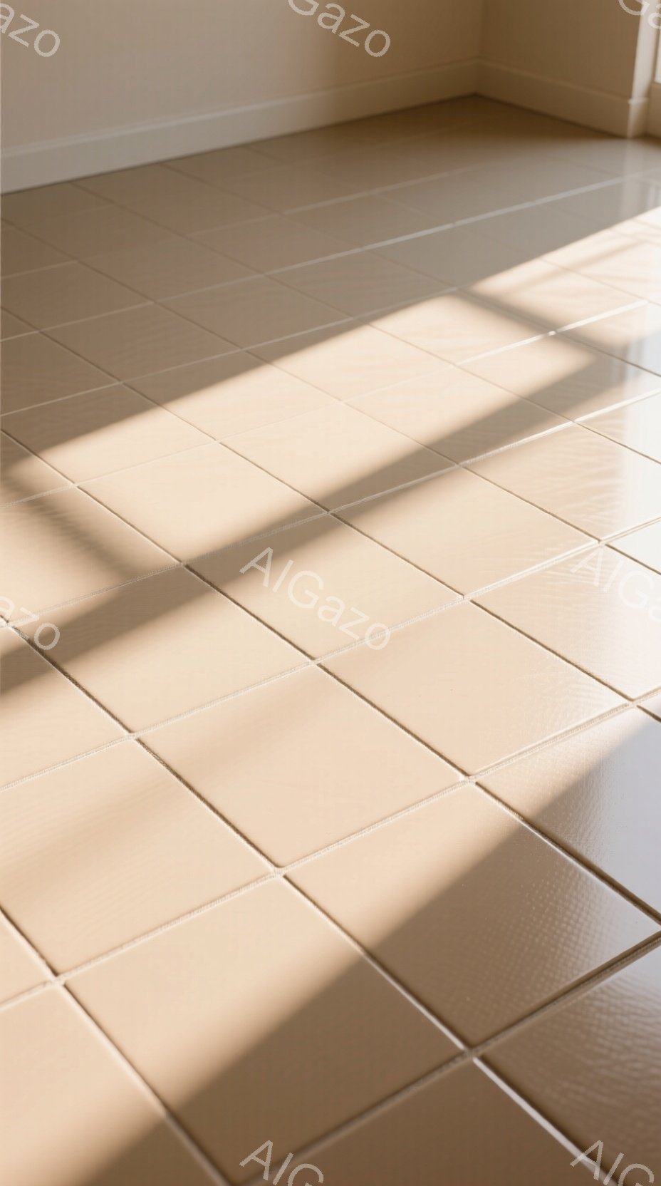 ベージュ色のタイルが敷き詰められた部屋の一角を捉えた画像です。光が差し込み、タイルの継ぎ目に影が伸びています。全体的に落ち着いた暖色系のトーンで、ミニマルで静かな雰囲気が漂っています。