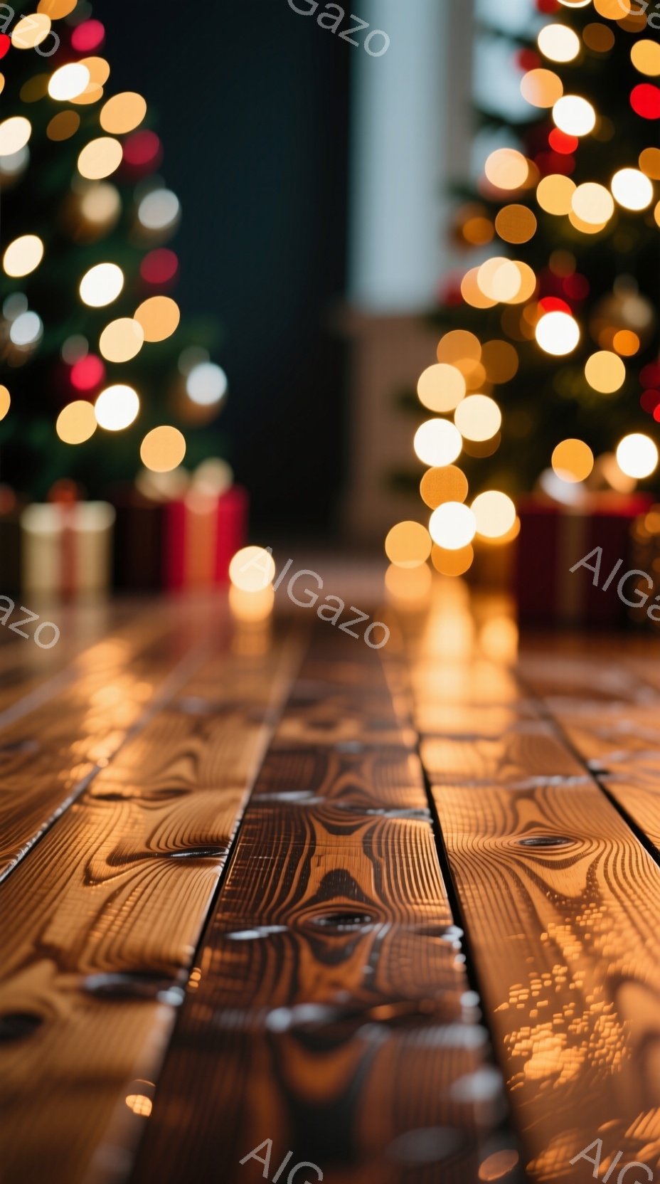 深い茶色の木の床が前景に広がり、ぼやけた背景にはカラフルなクリスマスツリーの光が散りばめられている。プレゼントボックスがいくつか見え、暖かく、お祝いの雰囲気を醸し出している。全体的に、温かみのある光が照らし出す、ホリデーシーズンの静寂と喜びを捉えた一枚である。