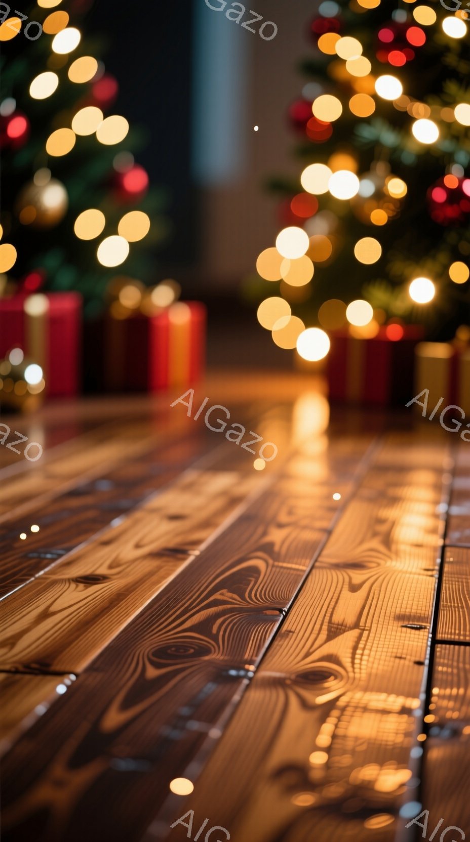 この画像は、木製の床が手前に広がり、背景にはぼやけたクリスマスツリーとプレゼント箱が見える。温かい光が床に反射し、クリスマスの柔らかな雰囲気を醸し出している。焦点が浅く、背景の光が玉のように輝き、暖かくお祝いムードを演出している。