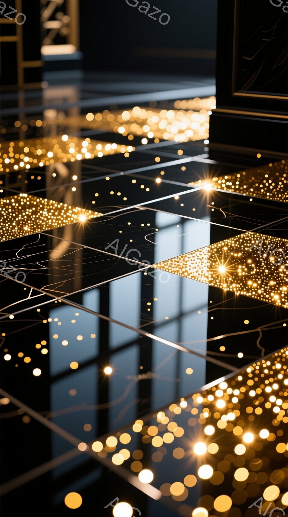 この画像は、無数の光の粒子が幾何学的な黒い背景に散りばめられた抽象的な表現です。光はまるで星屑のように輝き、複雑な線と交差しながら、幻想的な空間を作り出しています。全体的に洗練された雰囲気で、神秘的で未来的な印象を与えます。