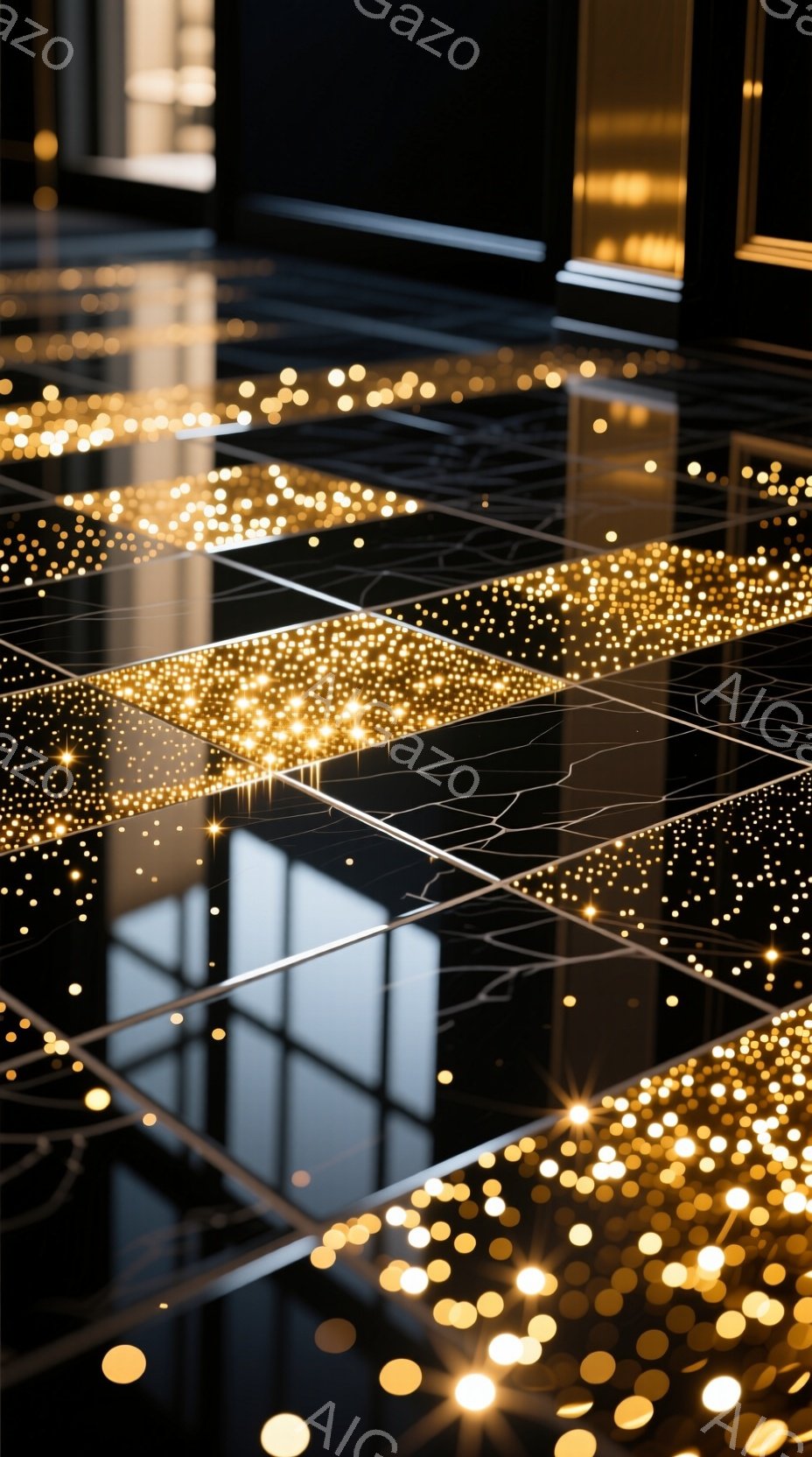 画像は、ひび割れ模様の黒いタイルの床に、無数の金色の光の粒子が舞い散っている様子を捉えています。床面は鏡面仕上げで、天井からの光や光の粒子が反射し、幻想的な雰囲気を醸し出しています。背景は暗く、光の粒子が強調され、まるで星空の下にいるような感覚を覚えます。