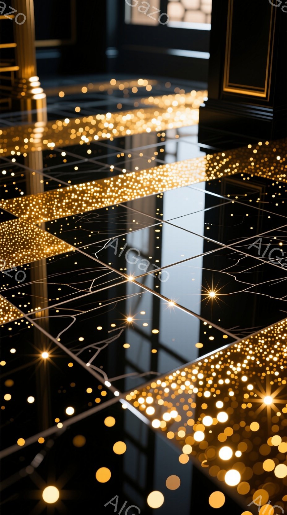 黒いタイル張りの床が広がり、無数の金色の光の粒子が散りばめられている様子が描かれている。光の粒子は床に反射し、きらびやかな輝きを生み出しており、まるで星空の下を歩いているかのような幻想的な雰囲気を醸し出している。背景は暗く、床の光が際立つように工夫されている。