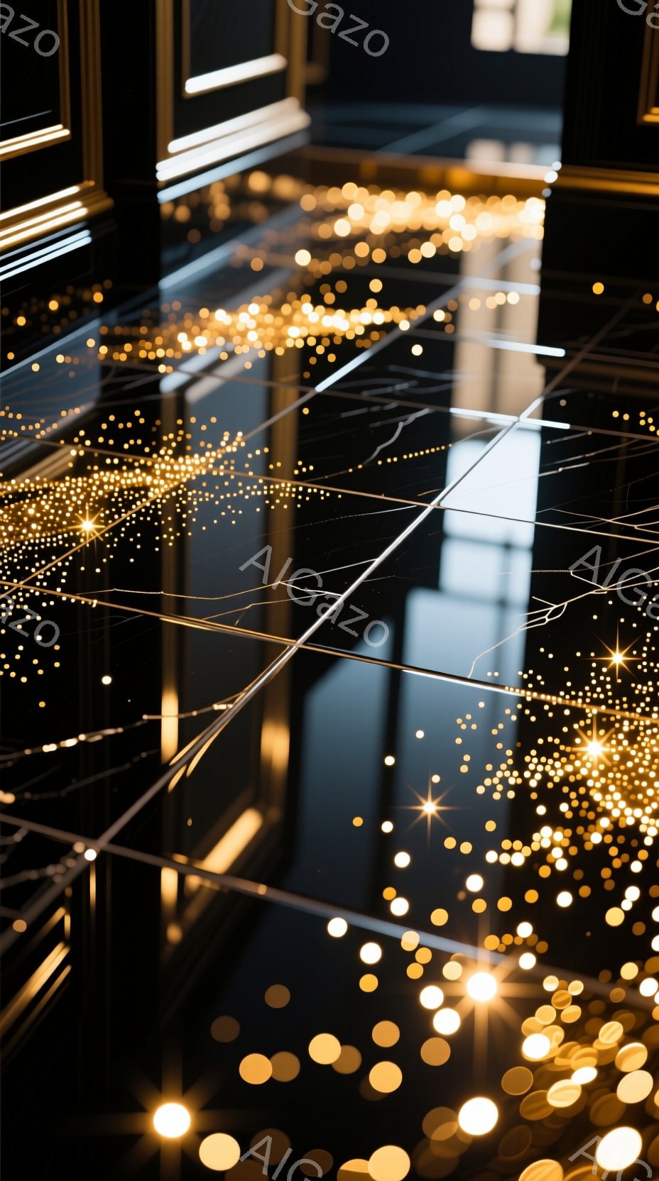 この画像は、暗い背景に無数の輝く光点が散りばめられた抽象的な表現です。光点はまるで星屑のように、または光の粒子のように見え、暗闇の中で幻想的な雰囲気を醸し出しています。反射する床面と、控えめなフレームの線が、奥行きと空間の広がりを強調し、神秘的な雰囲気を高めています。