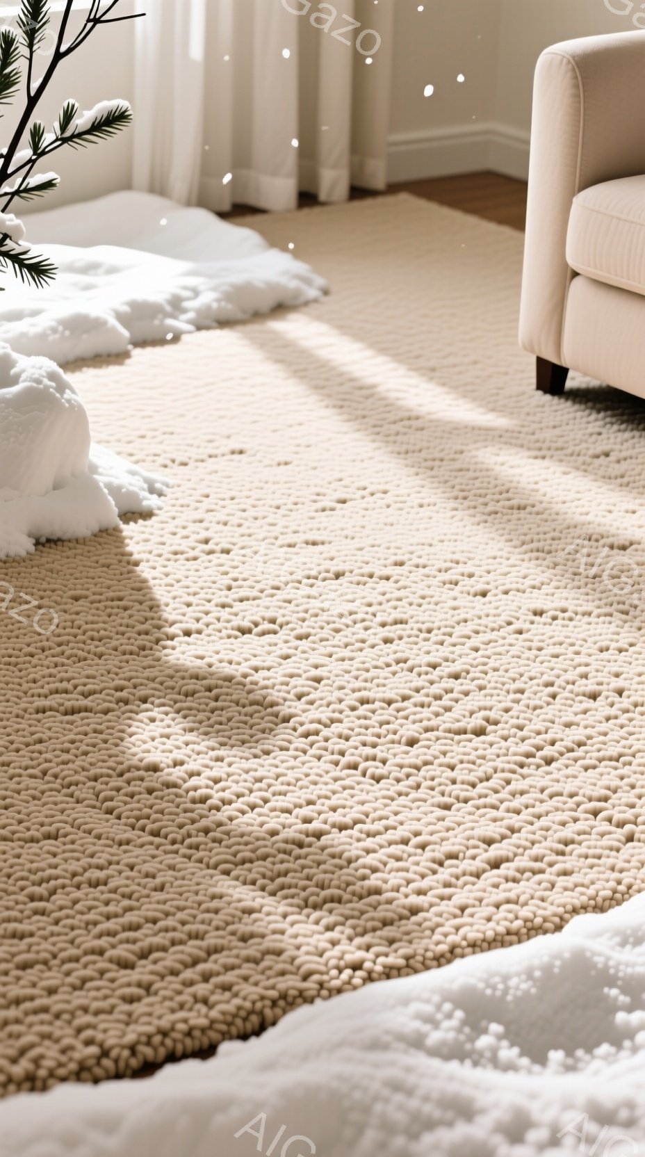 柔らかいベージュ色の手編み風のラグが画面を占め、その上に雪が散らばっている様子が描かれている。ラグの質感は非常に暖かく、まるで手で編まれたかのような凹凸が特徴的で、背景にはぼんやりとクリーム色の椅子と白いカーテンが見える。全体的に冬の穏やかな日の室内で、安らぎと温かさを感じる雰囲気である。