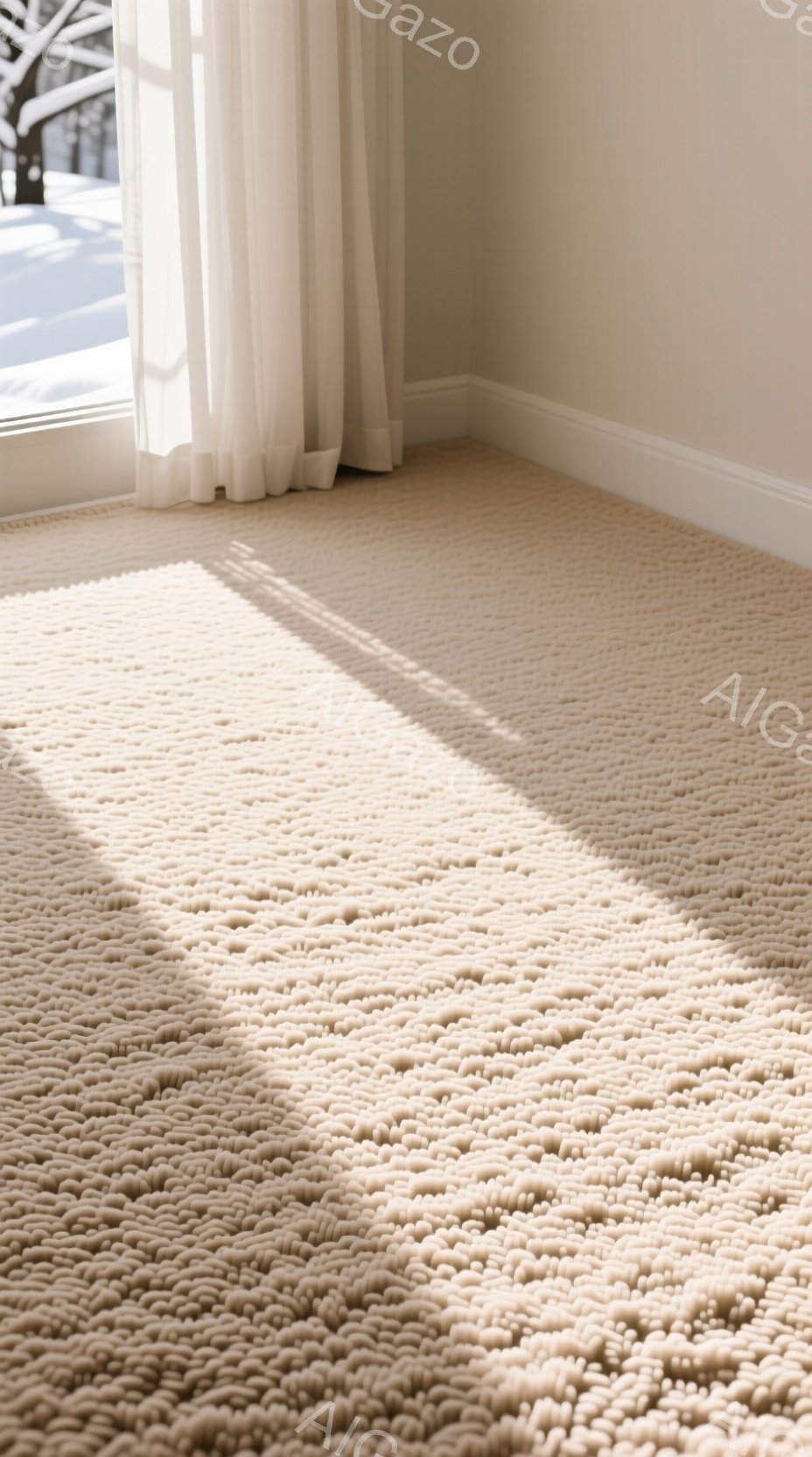 明るい色のざらざらとしたテクスチャのラグが床一面に広がっています。窓からの自然光がラグに当たり、影が柔らかく伸びています。背景には白い壁と薄いカーテンが見え、全体的に穏やかで温かい雰囲気を醸し出しています。