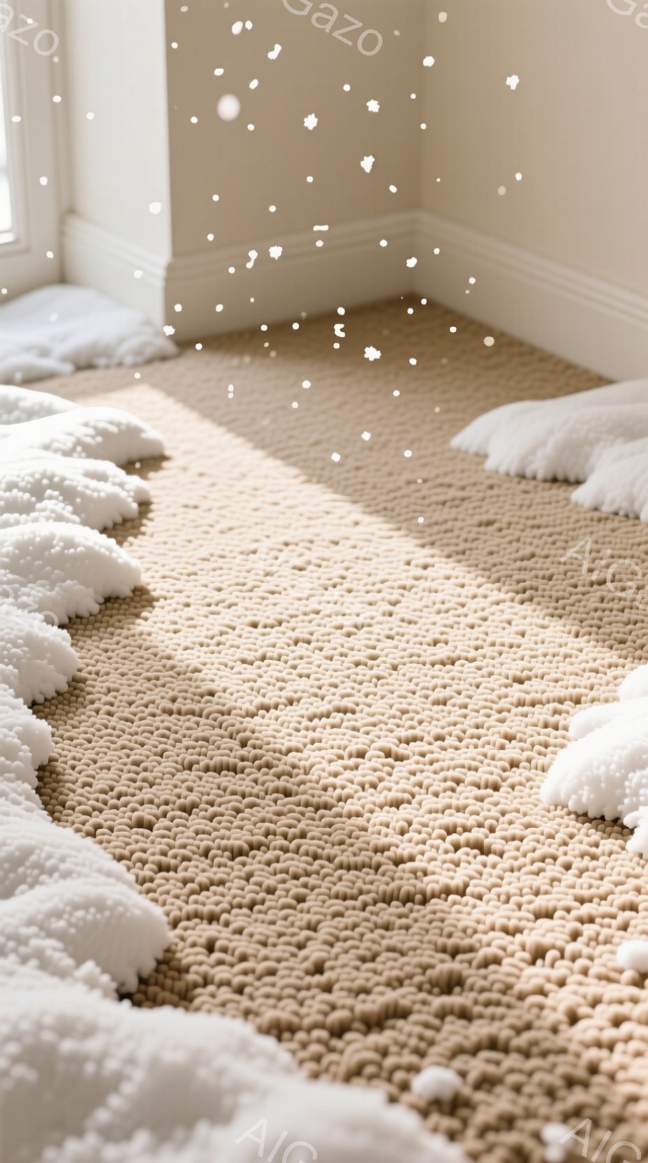 暖かいベージュ色のテクスチャード加工のラグが部屋全体を覆っており、窓からの柔らかい光がラグの表面に影を作り出している。窓枠の近くには、雪のような白い模様がいくつか散らばっており、冬の静けさや暖かさを感じさせる空間を作り出している。ラグのテクスチャは、非常に細かく、心地よさそうな印象を与える。