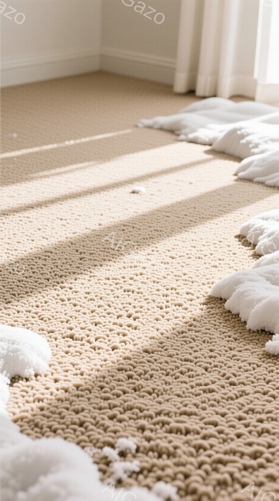 柔らかいベージュ色のループパイルカーペットが、部屋全体に広がっている様子が捉えられています。左下には白い毛足の長いラグが置かれ、日差しが差し込み、床に陰影が生まれています。全体的に暖かく、落ち着いた雰囲気で、清潔感のあるリビング空間をイメージさせます。