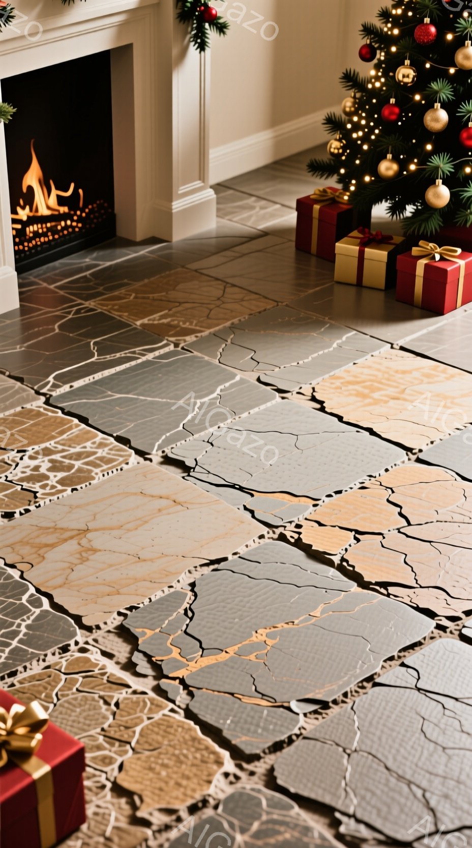 暖炉のそばに敷かれたクラック模様のタイルが印象的な室内です。クリスマスツリーとプレゼントが置かれ、暖炉には炎が灯っています。全体の雰囲気は、冬の温かく穏やかな祝祭日を思わせるもので、落ち着いた色調が空間をより一層引き立てています。