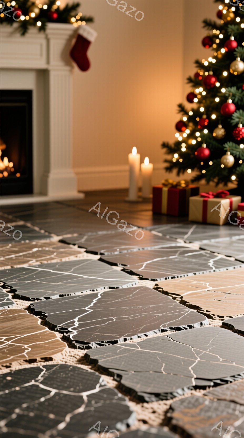暖炉とクリスマスツリーが写った室内です。床にはひび割れが走り、プレゼントの箱やキャンドルが置かれています。ひび割れとクリスマス装飾の対比が、どこか不穏な雰囲気を作り出しています。