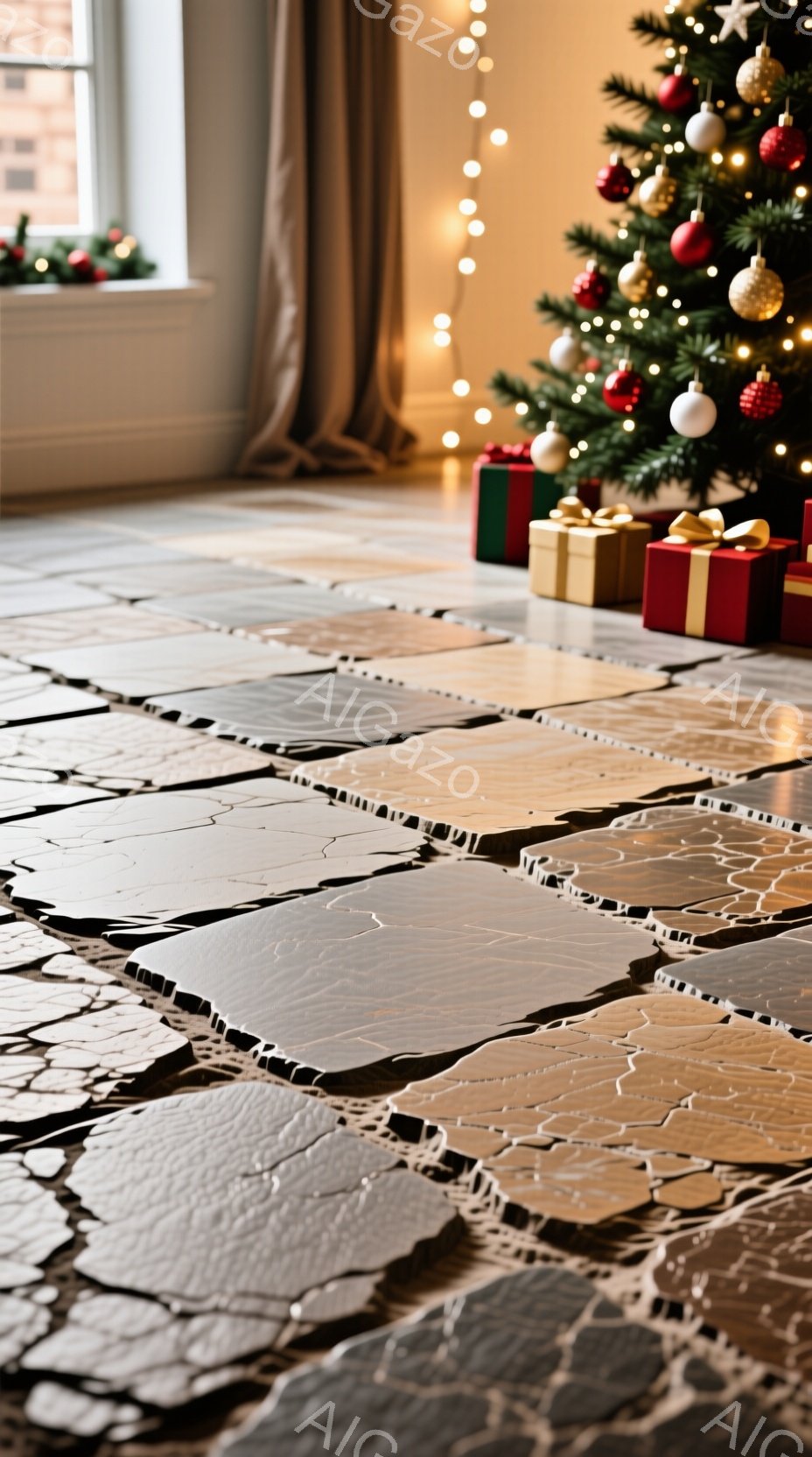 部屋の床はひび割れ、まるで地震の後のように見えます。背景にはクリスマスツリーとプレゼントが飾られており、そのコントラストが不穏な雰囲気を醸し出しています。ひび割れた床とクリスマス装飾の組み合わせは、喜びと破壊が共存する奇妙な光景です。