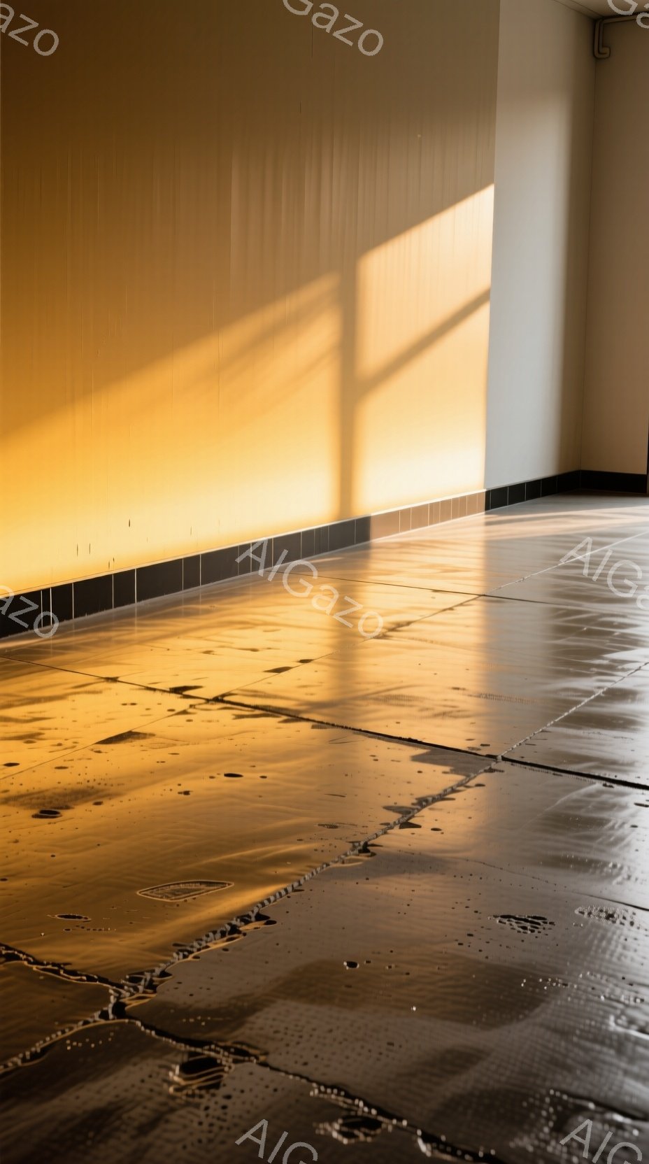 光沢のあるタイル張りの床に、強い日差しが差し込み、水滴が散らばっている様子が写っている。床には水溜まりができており、光の反射によって独特の模様が生まれている。背景はクリーム色の壁で、全体的に落ち着いた暖色系のトーンで、静寂と時間の経過を感じさせる。