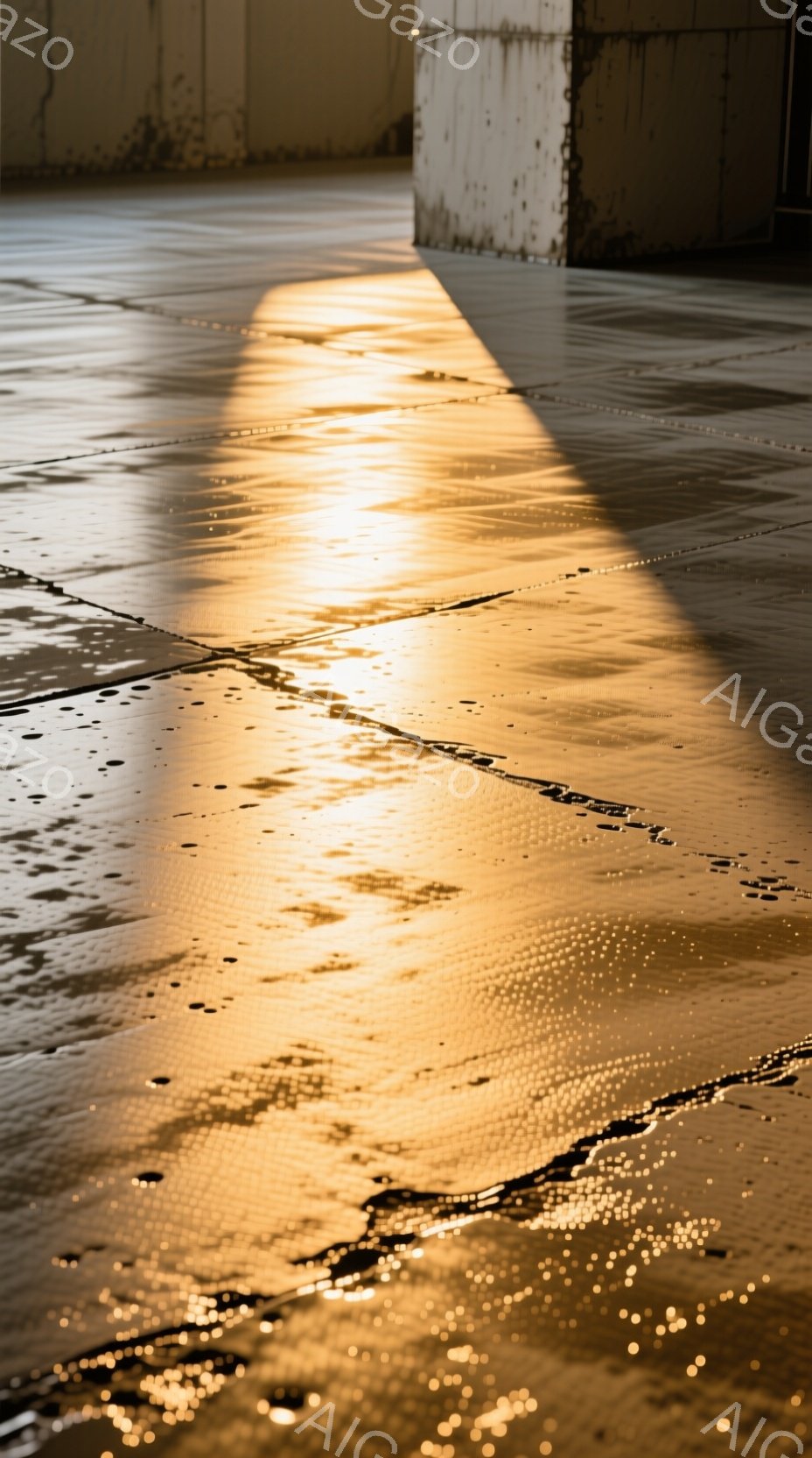 濡れたコンクリートの地面に、強い光が差し込み、まるで黄金の川のように輝いている。壁の影が地面に伸び、光の反射と影のコントラストが印象的で、静かでメランコリックな雰囲気を醸し出している。水たまりは無数の小さな光を捉え、まるで星空が地面に降りてきたかのようだ。
