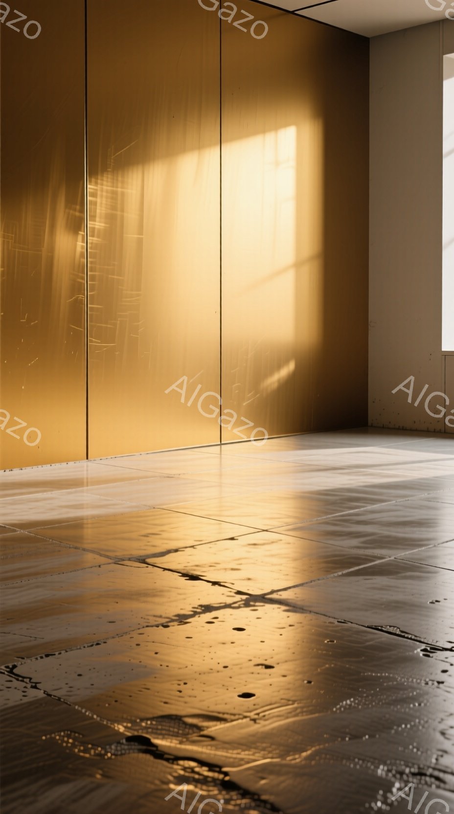 広々とした空間には、磨かれたコンクリートの床と、金色の金属板が壁一面に貼られたミニマルな内装が広がっている。日の光が差し込み、床に輝く反射と壁に伸びる影を作り出し、静かで瞑想的な雰囲気を醸し出している。光と影のコントラストが、空間に奥行きとドラマチックさを加えている。