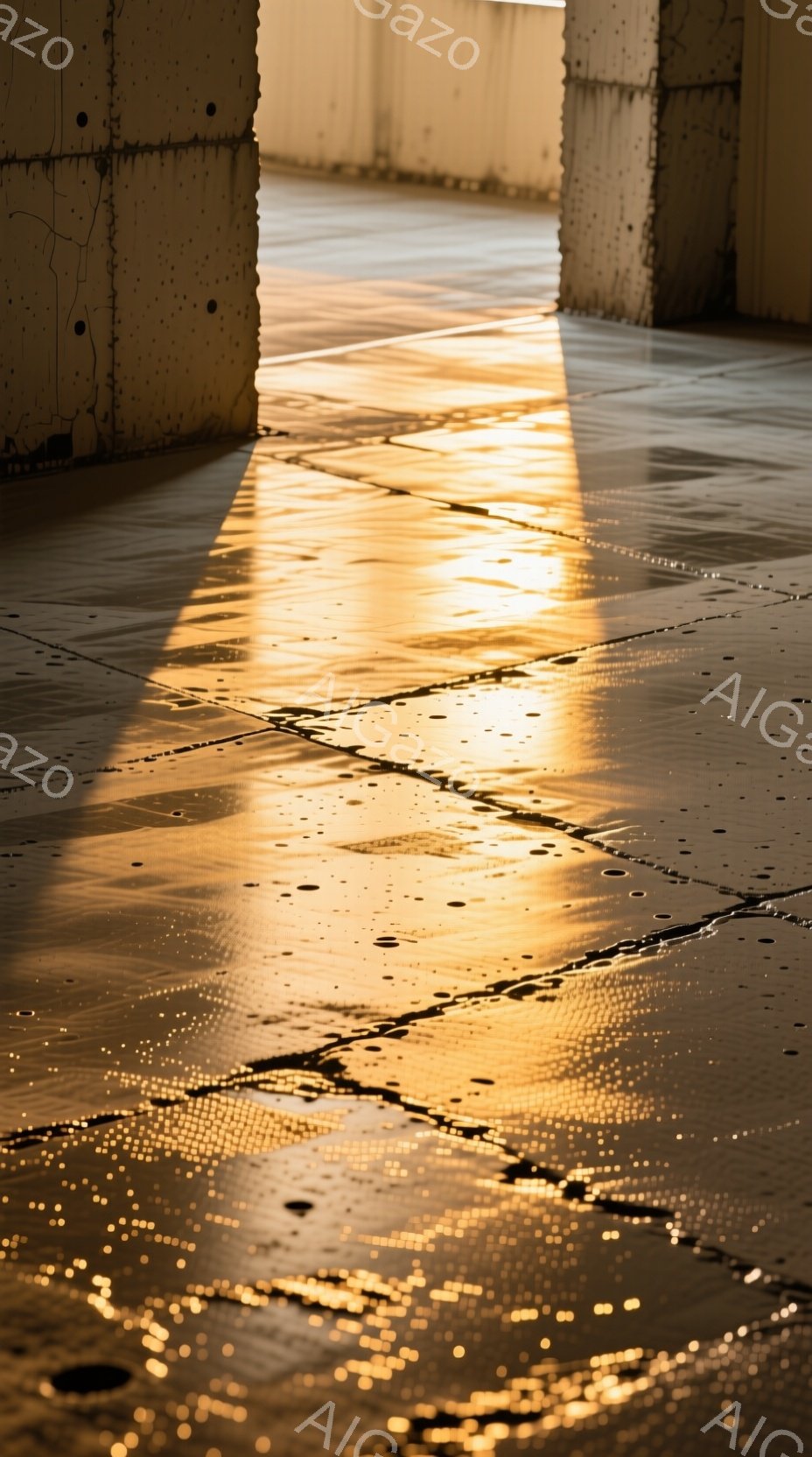 湿ったタイル張りの床に、夕暮れ時の暖かく輝く光が差し込み、複雑な影模様を作り出している。床面には水溜まりがあり、光を反射してキラキラと輝き、まるで黄金色の絨毯のようだ。コンクリートの柱が左右に並び、モダンでミニマルな空間を作り出している。