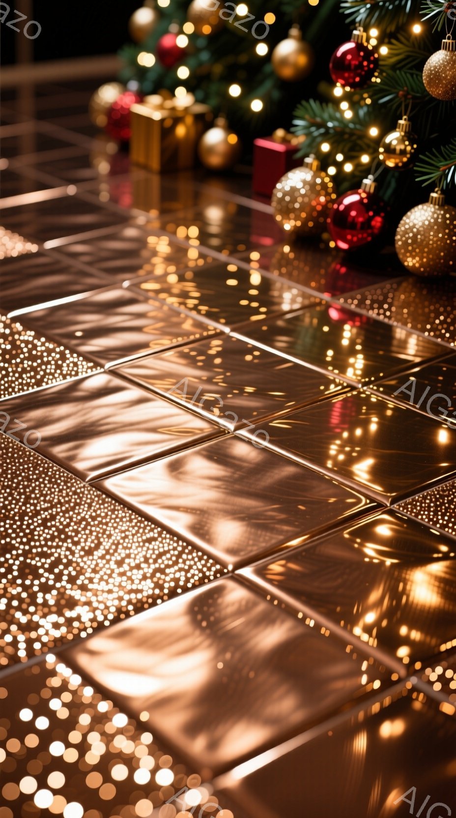 この画像は、クリスマスの装飾がぼやけて反射する、光沢のある茶色のタイルの床のクローズアップです。背景には、クリスマスツリーと様々なオーナメントがぼんやりと見え、暖かい光が床に散りばめられています。全体的に、暖かくお祝いの雰囲気が漂い、おとぎ話のような印象を与えます。