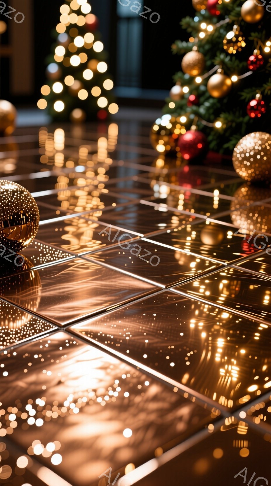 鏡面仕上げのタイルが敷かれた床に、ぼんやりとしたクリスマスツリーの光が反射し、キラキラとした幻想的な雰囲気を醸し出しています。床には複数のディスコボールが置かれ、その表面が光を反射して、さらに華やかさを添えています。全体的に暖かく、パーティーのような、あるいは特別なイベントを連想させるような、きらびやかな光の空間です。