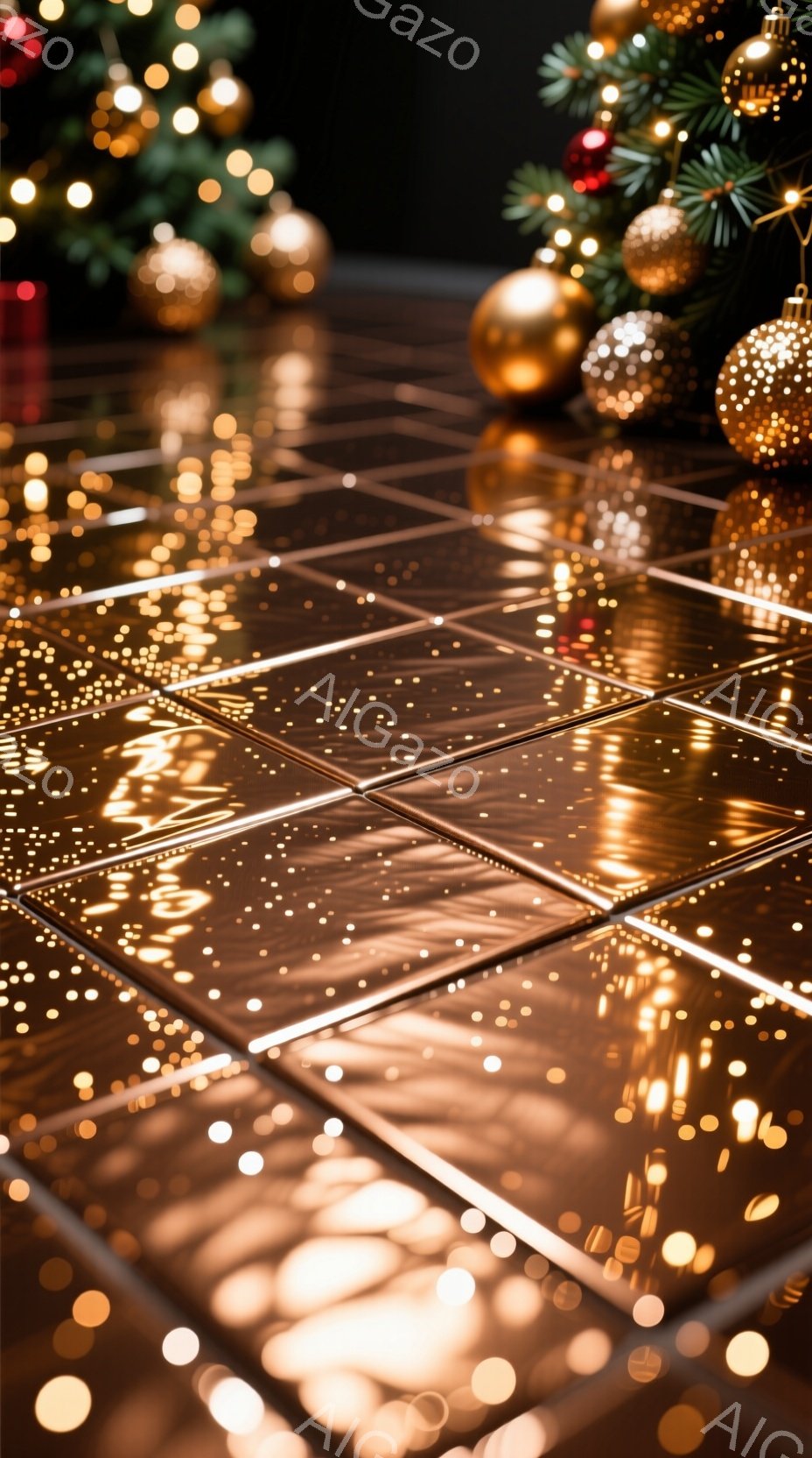 輝くクリスマスツリーの足元に、反射する床が広がっている。ぼやけた光の粒が床一面に散りばめられ、暖かく幻想的な雰囲気を醸し出している。クリスマスオーナメントが背景にぼんやりと見え、お祝いの季節を予感させ - AI生成フリー素材