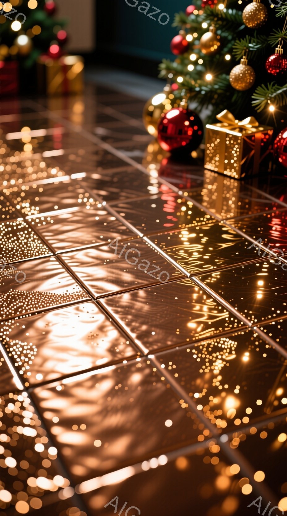 暖炉のそばの床に敷かれたタイルに、クリスマスのオーナメントやプレゼントの光が反射し、キラキラと輝いている。背景にはクリスマスツリーがぼんやりと見え、暖かく幻想的な雰囲気を醸し出している。全体的に、温かい光とクリスマスの装飾が、穏やかで祝祭的なムードを演出している。