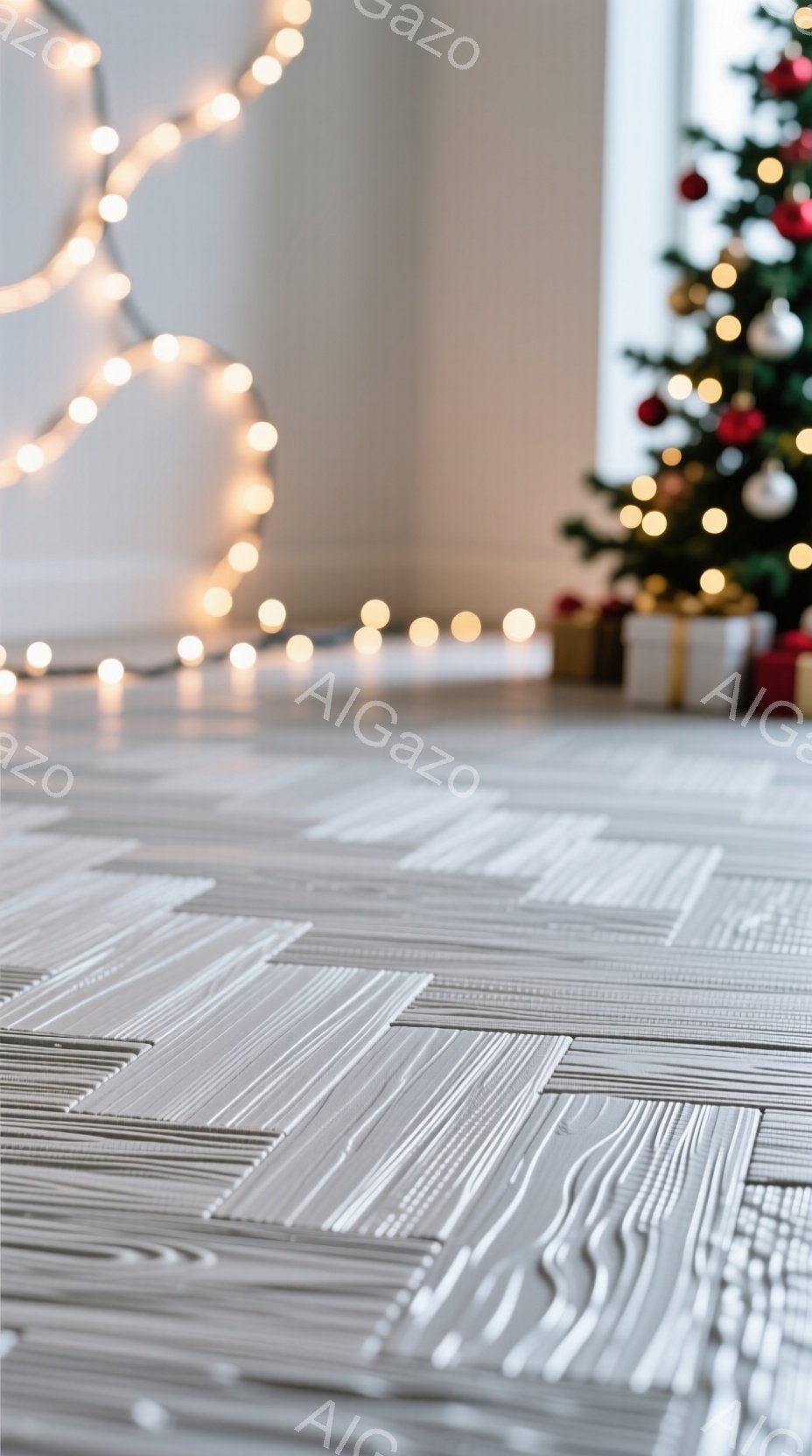 白い木目調の床が手前に広がり、ぼやけた背景にクリスマスツリーとプレゼントの箱が見えます。暖色系の光がツリーから放たれ、床に反射して温かい雰囲気を醸し出しています。全体的に穏やかで、落ち着いたクリスマスの準備段階のような、静寂な空間が表現されています。