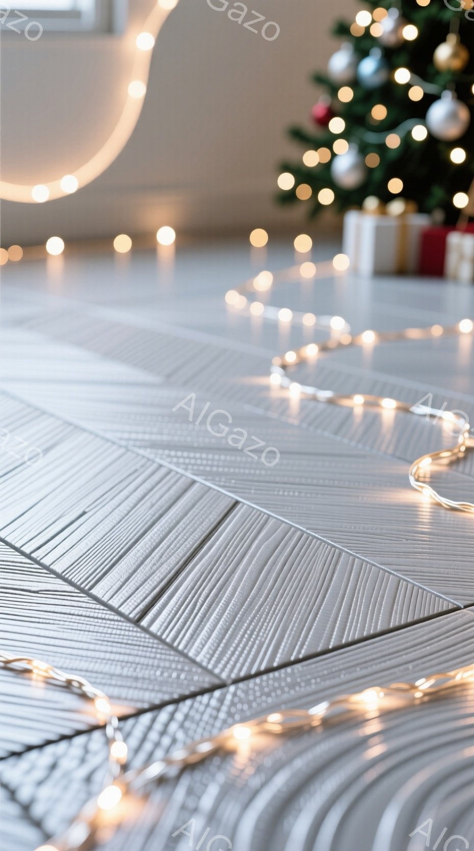 部屋の床に敷かれた幾何学模様の白いタイルが印象的な写真です。暖色系のイルミネーションライトがタイル上に曲線を描き、クリスマスの雰囲気を醸し出しています。背景にはぼんやりとクリスマスツリーが見え、温かく穏やかな空間が演出されています。