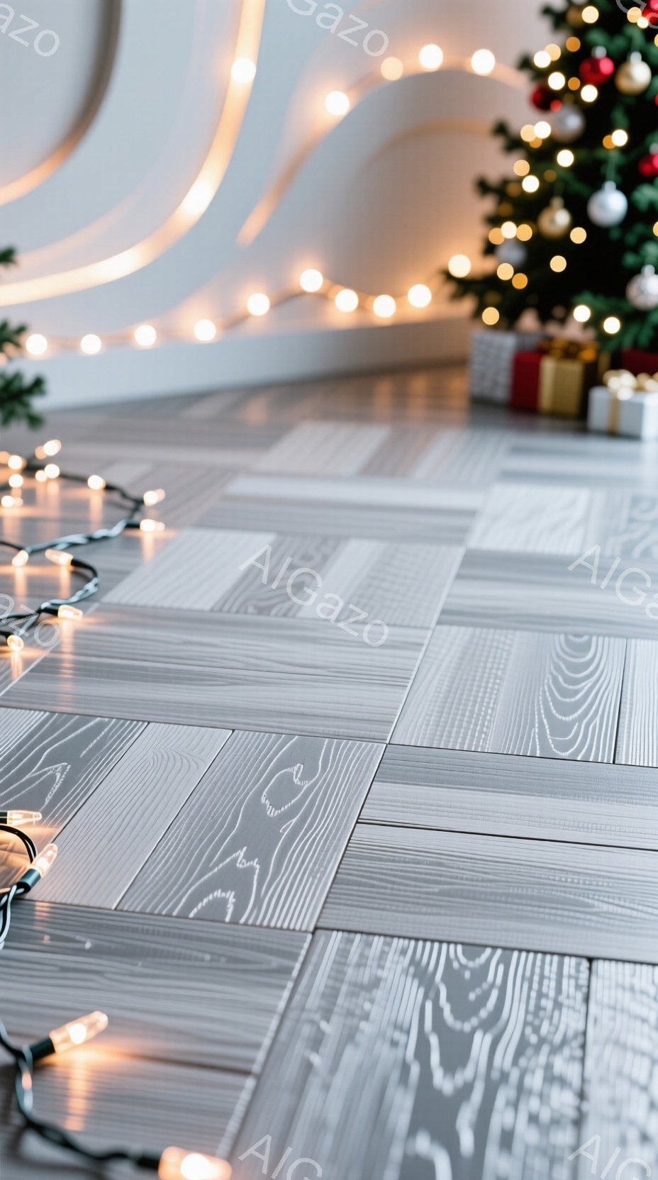 白を基調としたモダンな空間で、木目調の床にイルミネーションライトが散りばめられています。背景にはクリスマスツリーがぼんやりと見え、プレゼントボックスがいくつか置かれています。全体的に暖かく、お祝いムードに包まれた、静かで落ち着いた雰囲気です。