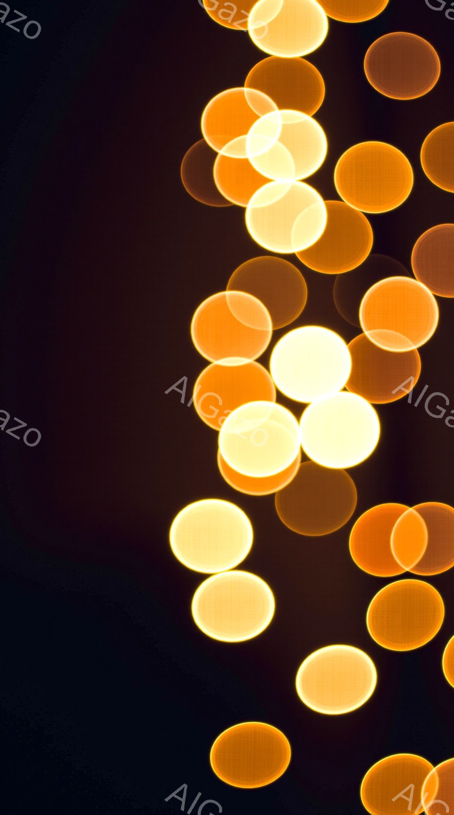 暗い背景にぼやけたオレンジと黄色の光の円が縦に並んでいる。光は重なり合い、まるで小さな光の粒が舞っているような幻想的な雰囲気を醸し出している。背景は完全に黒で、光の温かさが際立っている。 - AI生成フリー素材