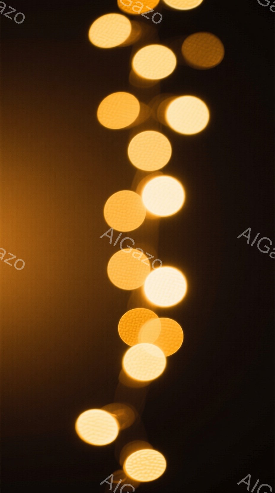 ぼやけた光の点が縦に並び、暗い背景に浮かび上がっています。光の点は暖色系のオレンジや黄色で、まるで遠くの街灯やイルミネーションのように見えます。全体的に幻想的で、暖かい雰囲気を感じさせます。 - AI生成フリー素材