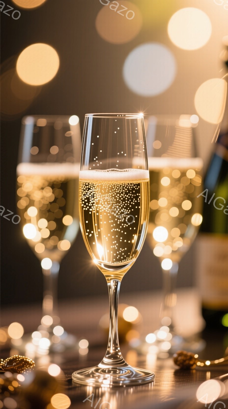 輝くシャンパンがグラスに満たされ、きめ細かい泡が立ち上っている様子が捉えられている。背景にはぼやけた光のぼかしがあり、お祝いや特別な機会の雰囲気を醸し出している。テーブルの上には、金色の装飾が散りばめ - AI生成フリー素材