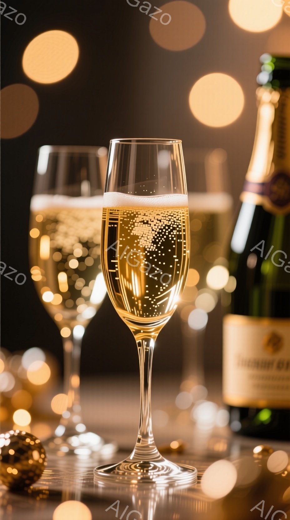 焦点はシャンパンが満たされた細長いグラスに当てられています。背景はぼやけた黄金色の光で満たされ、クリスマスの装飾のような球体の光が点在し、シャンパンボトルがわずかに見えます。全体的に、華やかで祝祭的な雰囲気を醸し出しており、特別な機会を祝う様子が感じられます。