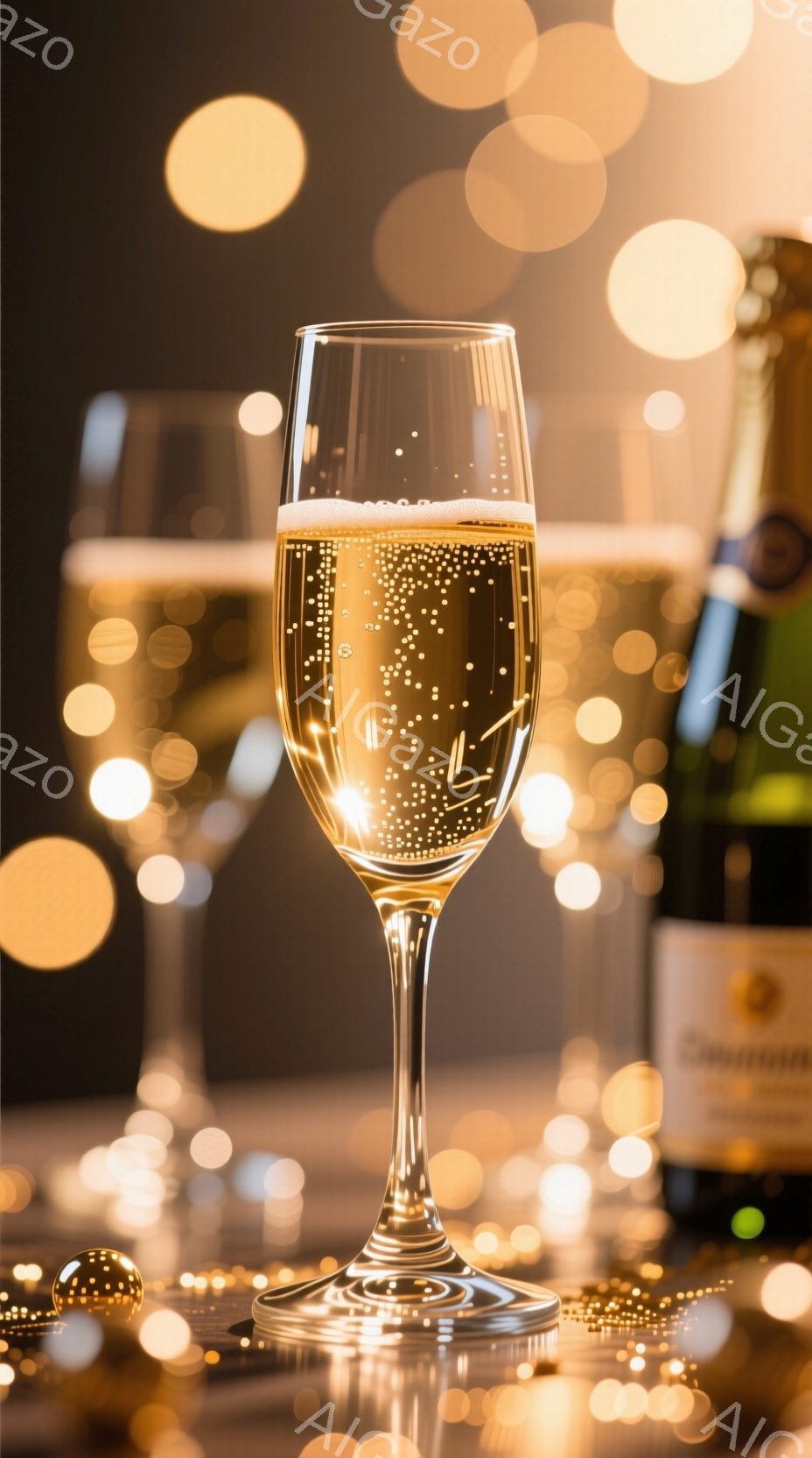 輝くシャンパンがグラスに満たされ、その泡が光を反射してきらめいている。背景にはぼやけた黄金色の光が散りばめられ、シャンパンボトルの一部がわずかに見える、お祝いや特別な夜を連想させる華やかな雰囲気である - AI生成フリー素材