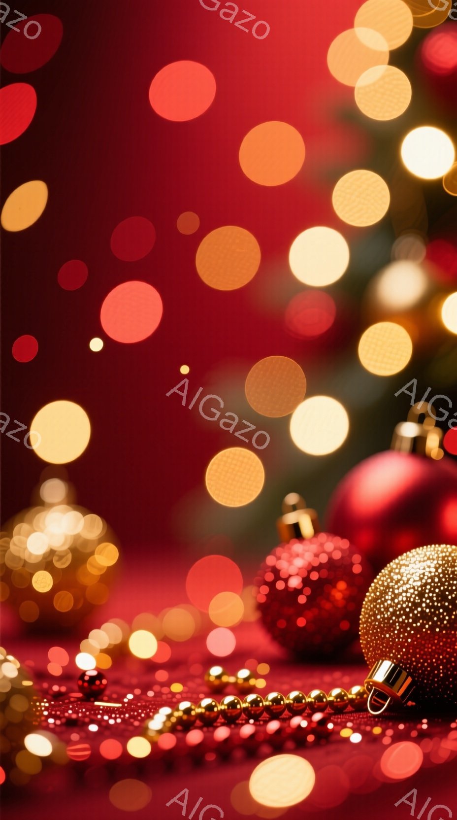 深い赤色の背景に、ぼやけた黄色の光が散りばめられています。飾られたクリスマスツリーの一部と、赤いオーナメント、金色のキラキラしたオーナメントが映っており、キラキラしたビーズの飾りが手前に置かれています。全体的に暖かく、お祝いの雰囲気を感じさせる、クリスマスのイメージです。