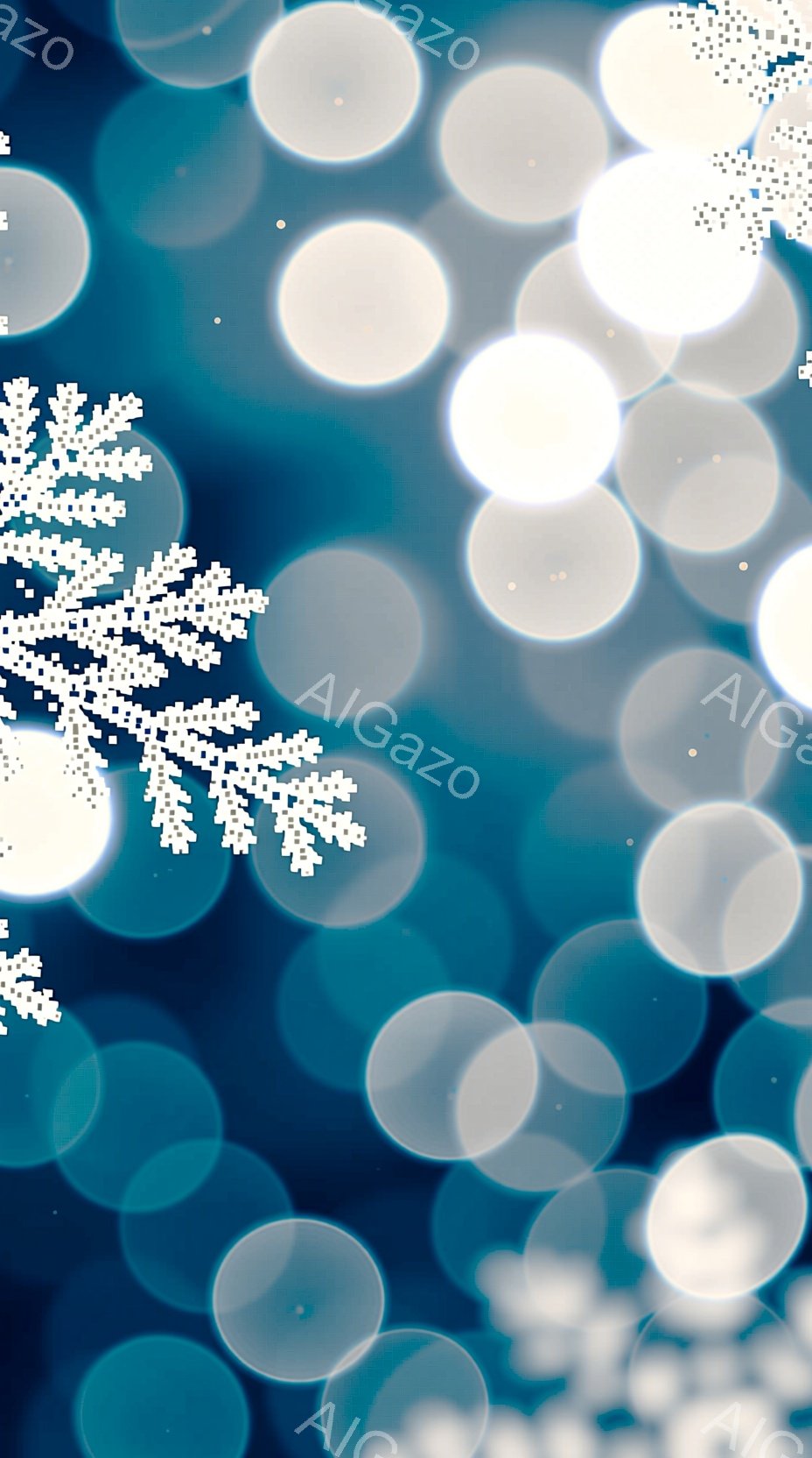 この画像は、ぼやけた青色の背景に、様々な大きさの白い光の円が重なり合って構成されています。雪の結晶のような模様が一部に描かれており、冬の幻想的な雰囲気を醸し出しています。全体的に柔らかく、夢のような印象を与えます。