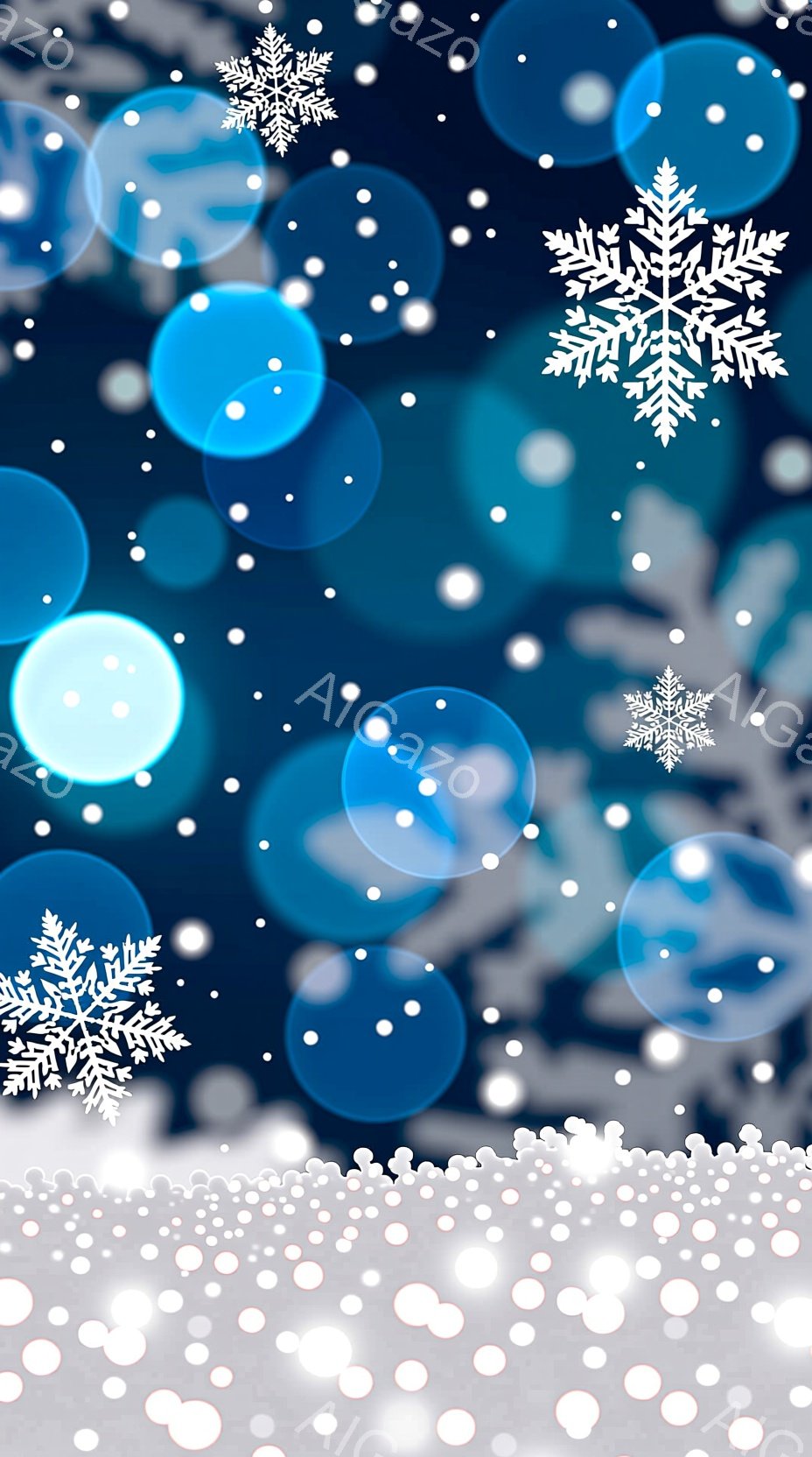 濃い青色の背景に、様々な大きさのぼんやりとした光の円が散りばめられています。白く繊細な雪の結晶が、光の円と重なり合いながら画面全体に舞い散っている様子が表現されています。全体的に幻想的で、冬の夜空や雪景色を連想させる雰囲気です。