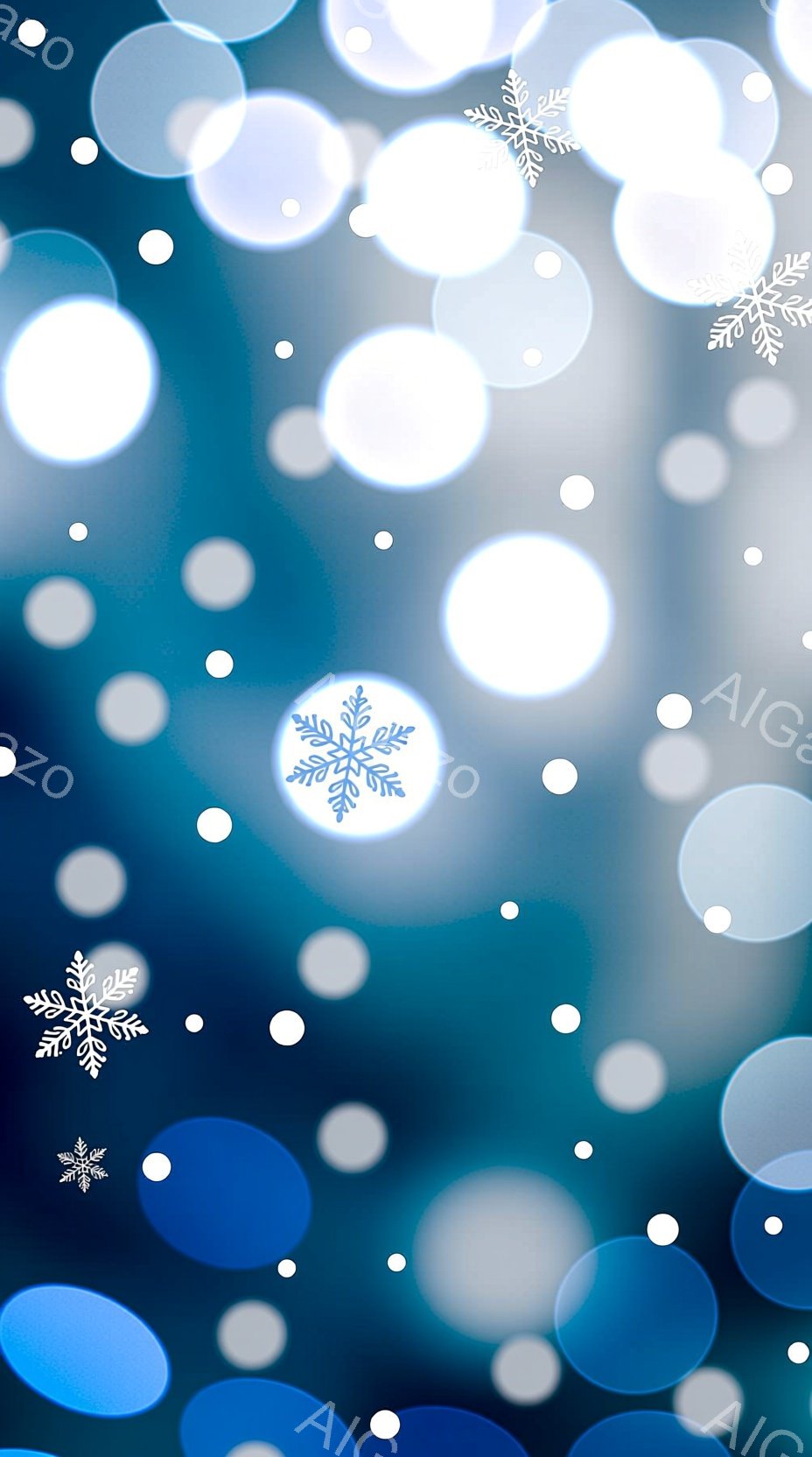 画像は、青と白のぼやけた光の円が背景に散りばめられた、冬を連想させるデザインです。雪の結晶のモチーフがいくつか散りばめられており、全体的に幻想的で冷たい印象を与えます。背景はグラデーションで、光の円が奥行きを演出し、冬のきらめきを表現しています。