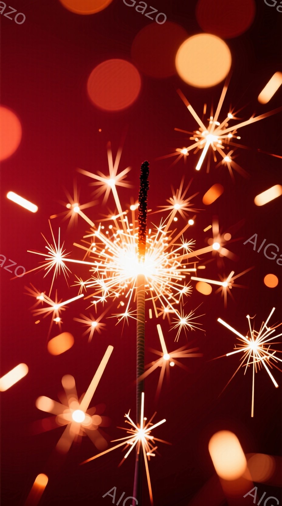 燃え盛る花火が画面中央に大きく咲き誇り、周囲には小さな光の粒子が舞っている。背景は深い赤色で、ぼやけた光の球体が浮かび上がり、幻想的な雰囲気を醸し出している。花火の光は鮮やかで、エネルギーに満ち溢れて - AI生成フリー素材