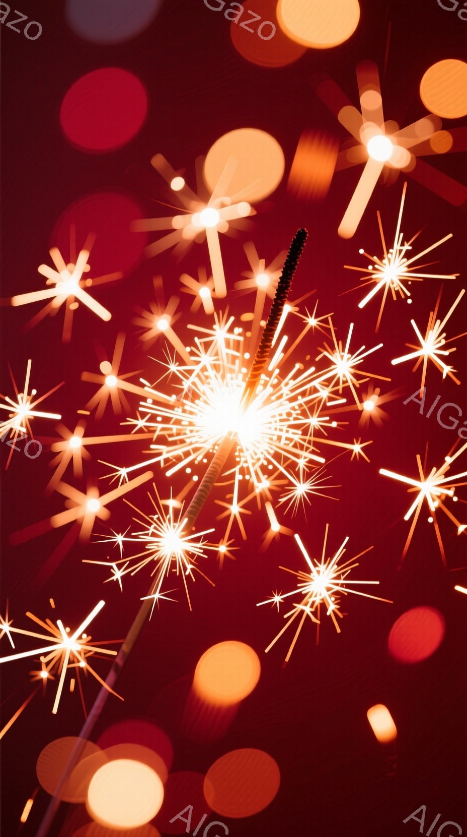 深紅色の背景に、無数の星のような光の粒子が散りばめられており、中心には燃え盛る花火のような光の塊が存在する。光の粒子は様々な方向に放射状に広がり、鮮烈な光の軌跡を描いている。全体的に力強く、華やかで、お祝いの雰囲気を醸し出している。