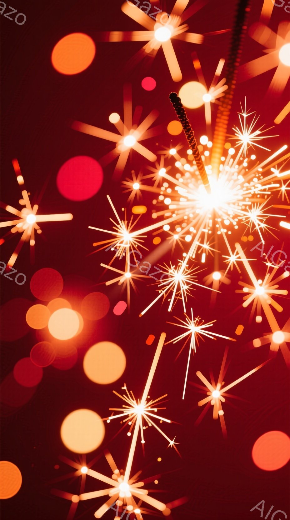 暗い赤色の背景に、多くの輝く星のような光が散りばめられています。それらは花火のように放射状に広がり、ぼやけたオレンジ色の円がいくつか存在します。全体的に、夜空に咲き散る光の幻想的な雰囲気で、お祭りや祝賀行事を連想させます。