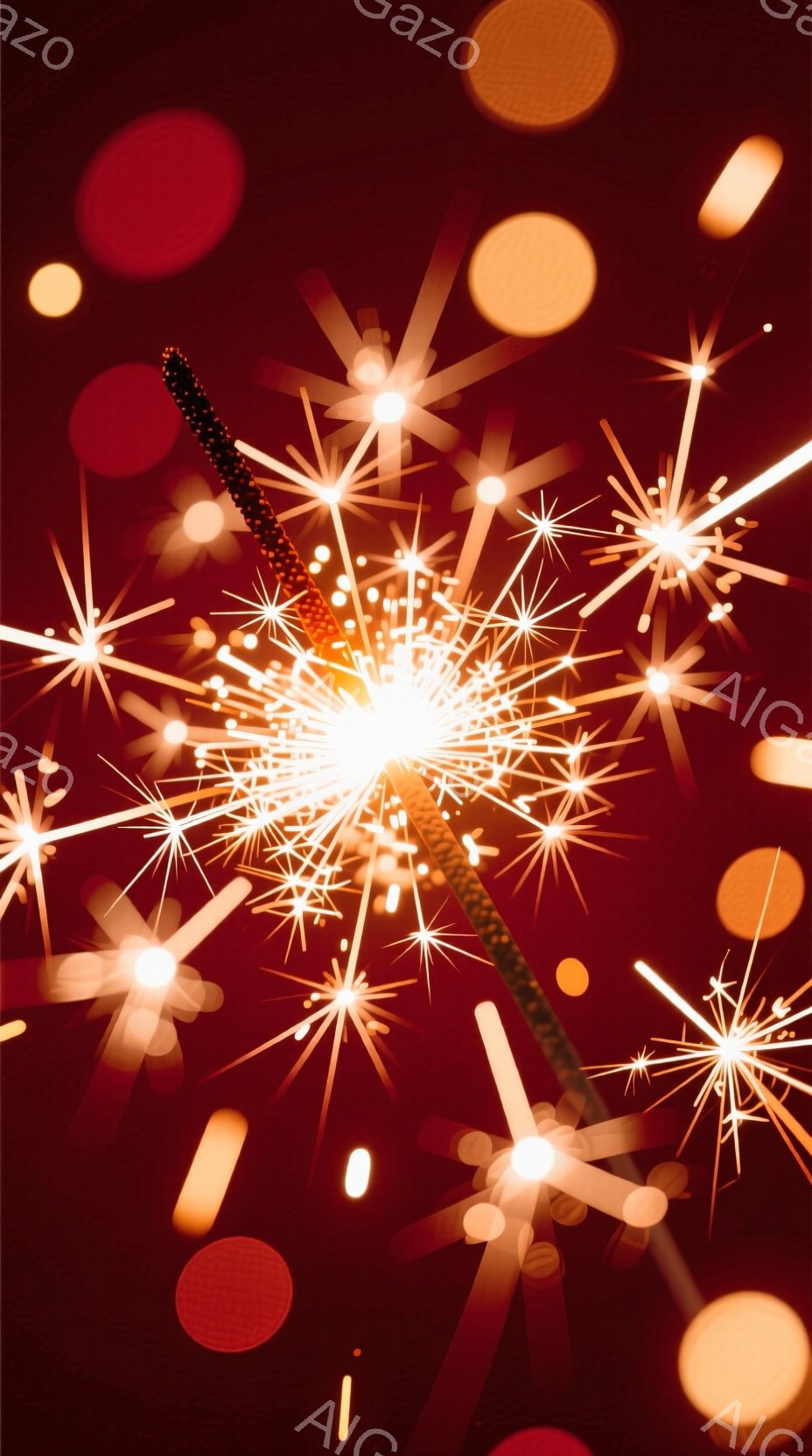 深紅色の背景に、多数の花火が咲き乱れている様子が捉えられています。中心には特に明るく輝く花火があり、その周りに小さな花火が星のように散らばっています。全体的に暖かく、お祝いのような華やかな雰囲気が漂っています。