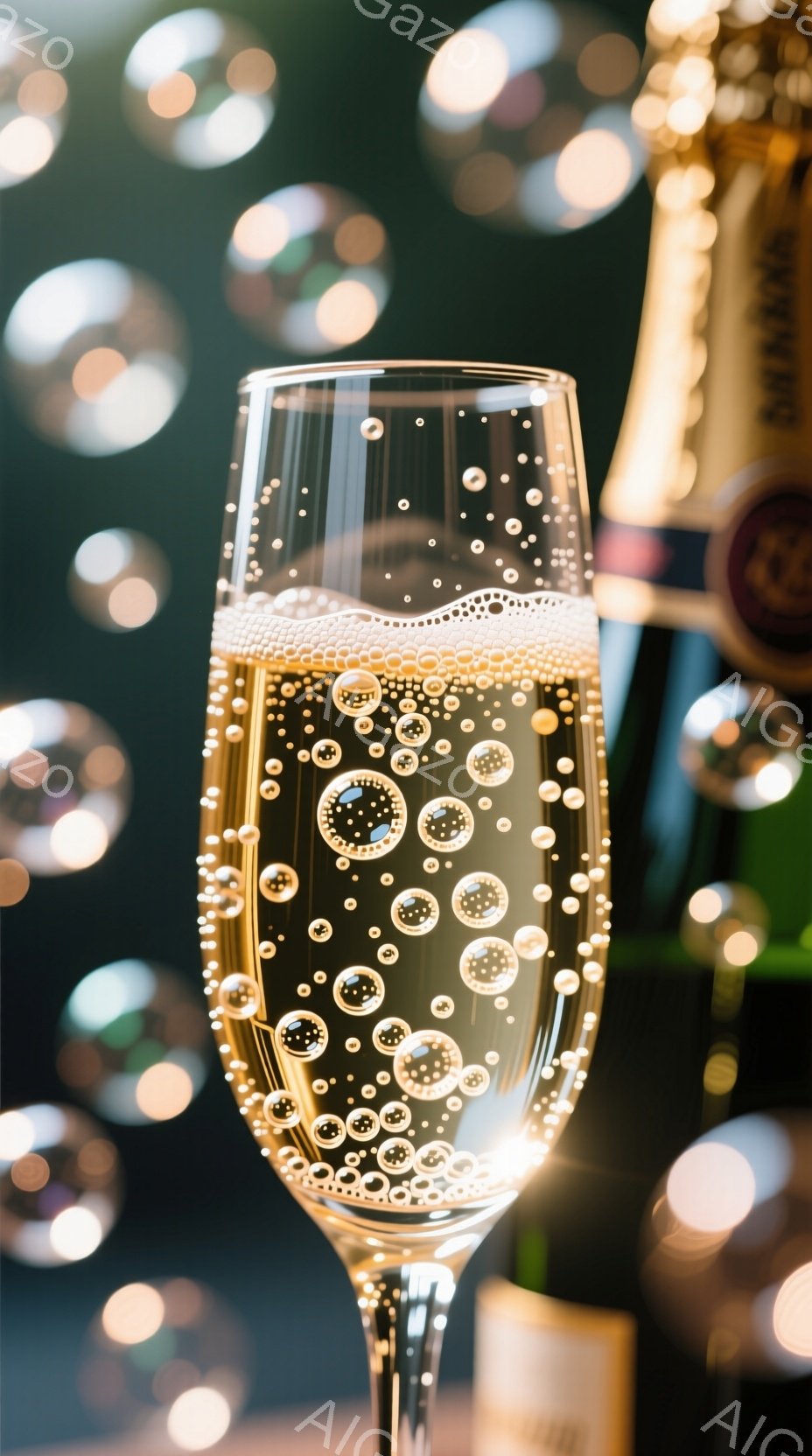 シャンパンがグラスの中で泡立ち、きらめきを放っている様子が捉えられています。背景には、ぼやけた光の粒子とシャンパンボトルの首が見え、お祝いや華やかな雰囲気を醸し出しています。グラスの繊細な脚と、泡のコントラストが美しく、洗練された印象を与えます。