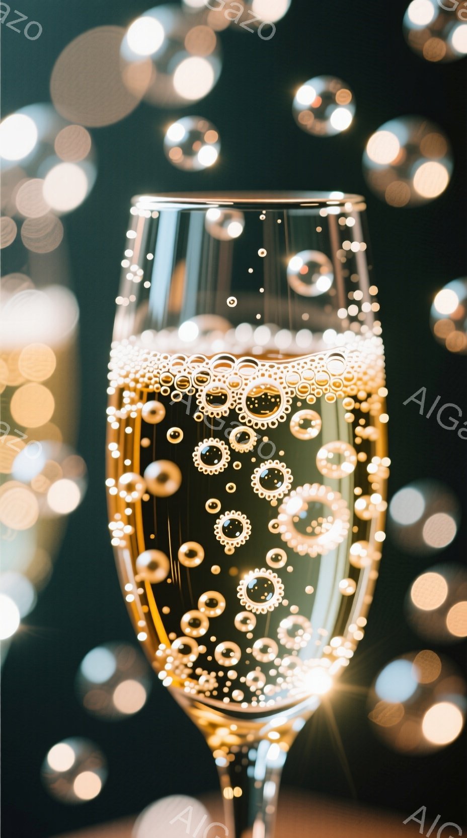 シャンパンが満たされたフルートグラスが画面中央に大きく配置されている。グラスの中には無数の小さな泡が立ち昇り、金色と白の輝きを放っている。背景はぼやけた光の粒で満たされており、パーティーや祝賀会の華やかな雰囲気を醸し出している。