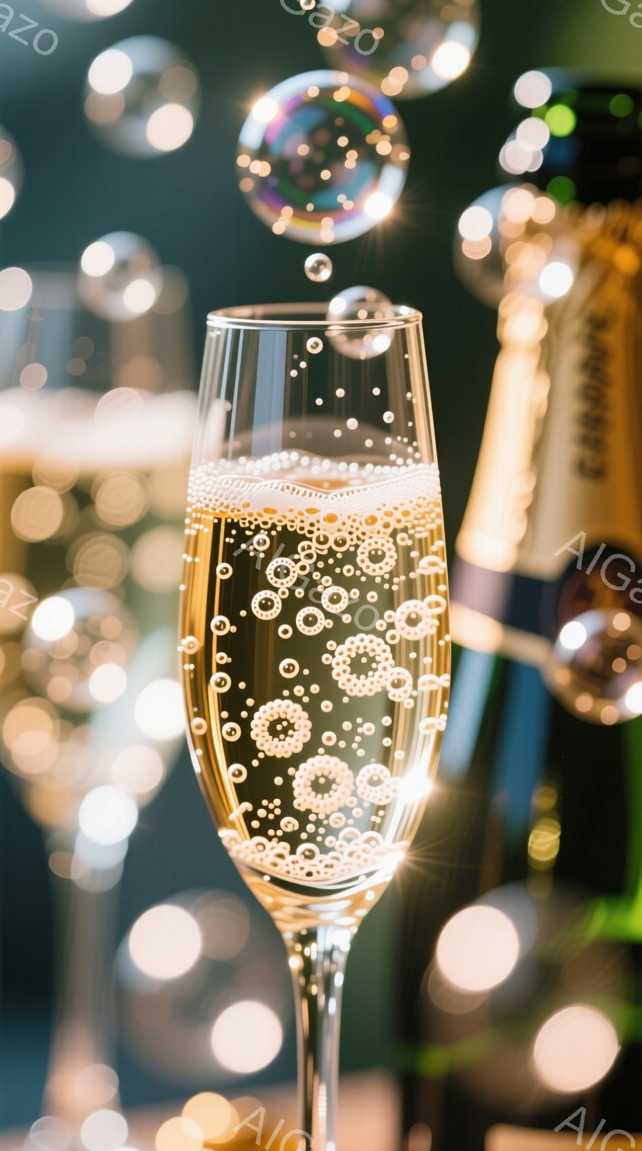 シャンパンがグラスに注がれ、泡が立ち上っている様子が捉えられています。背景には、ぼやけた光の粒子が散りばめられ、お祝いや華やかな雰囲気を醸し出しています。シャンパンボトルの一部も映っており、特別なイベントや祝賀の場面を連想させます。