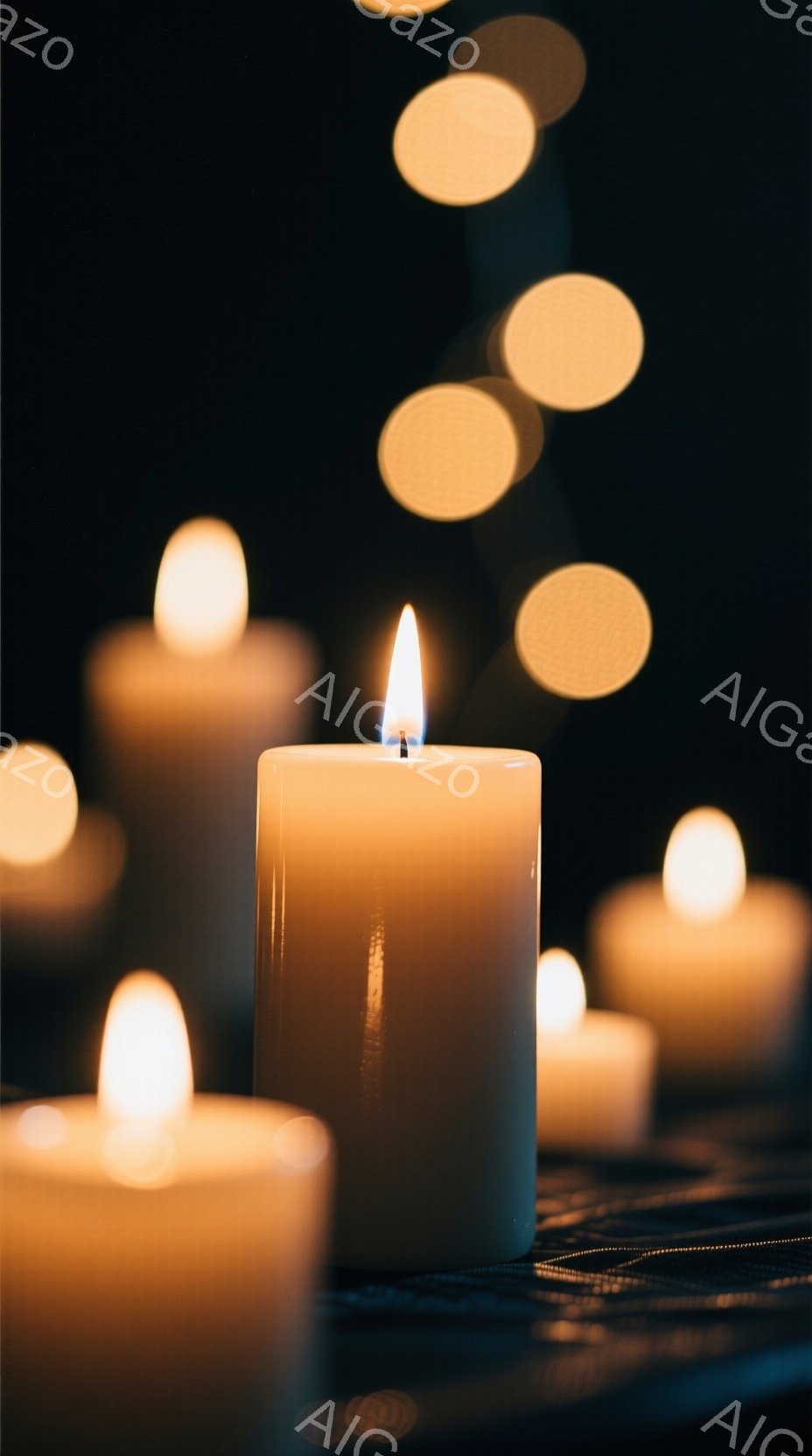 複数のキャンドルが暗闇の中で光を灯しており、ぼやけた背景には小さな光の球が散りばめられています。キャンドルの炎は暖かく、穏やかな光を放ち、静寂で瞑想的な雰囲気を醸し出しています。キャンドルのボディはク - AI生成フリー素材