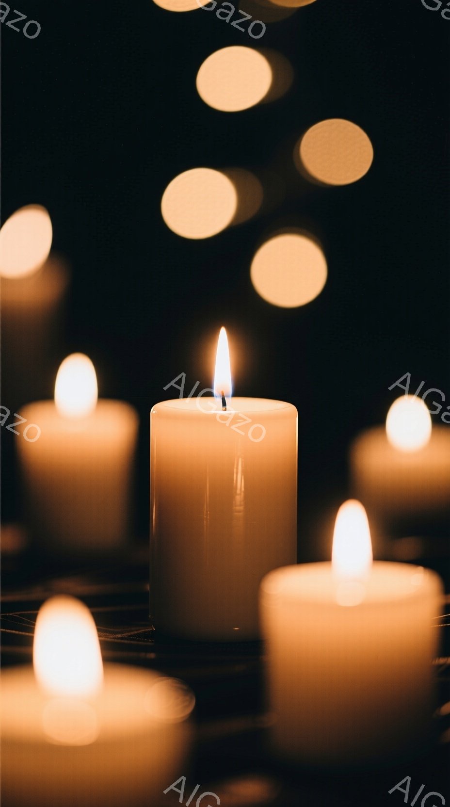 暗い背景に複数の白いキャンドルがぼんやりと光っています。キャンドルの炎はそれぞれ微妙に異なり、暖かく穏やかな光を放ち、周囲にぼかしが入っています。全体的に、静寂で瞑想的な雰囲気が漂っており、柔らかな光が穏やかな感覚を与えます。