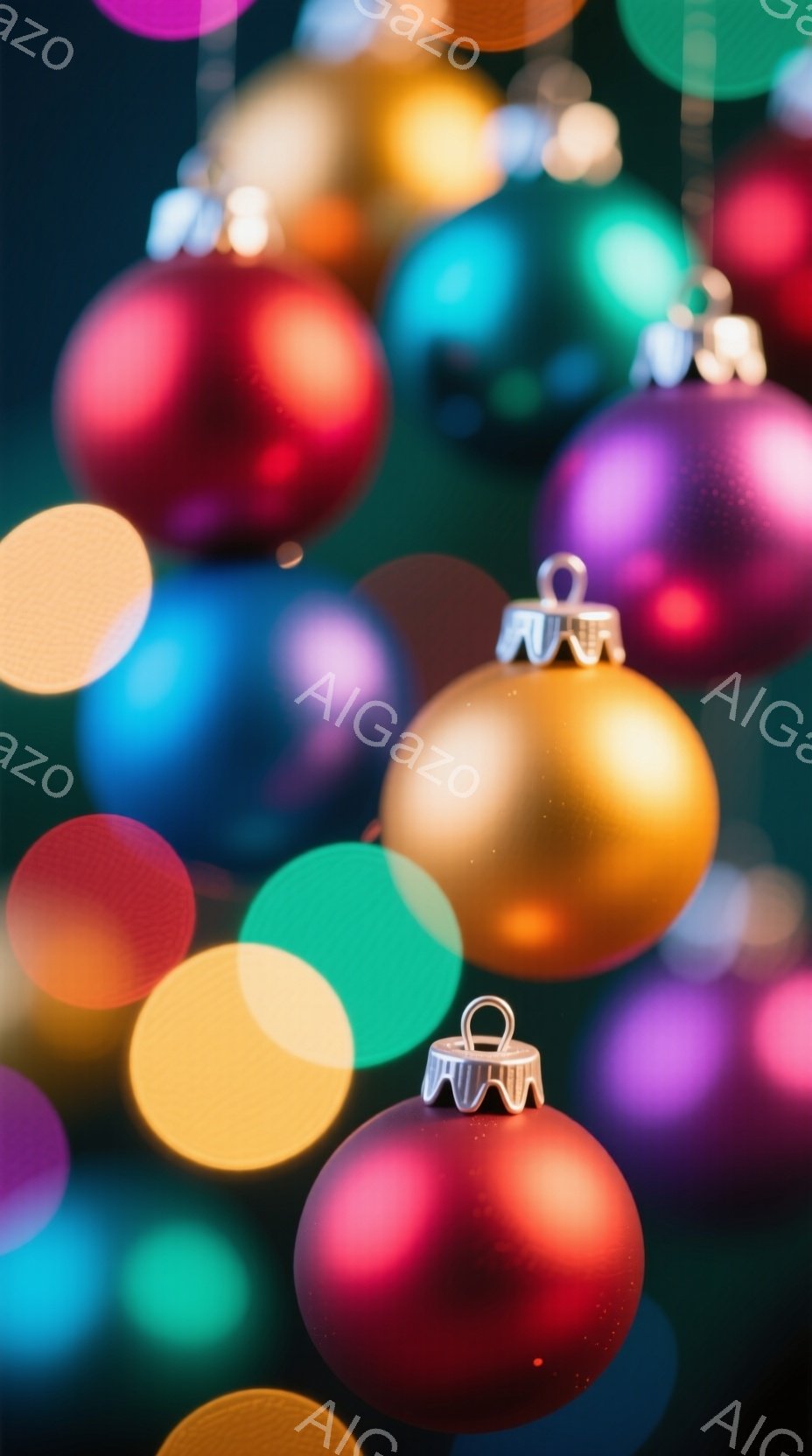鮮やかな色のクリスマスオーナメントが、ぼかしを伴って画面いっぱいに広がっている。赤、金、紫、緑などの様々な色が混ざり合い、まるで万華鏡のような視覚効果を生み出している。背景は暗く、オーナメントが発する光が際立っており、お祝いの雰囲気を醸し出している。