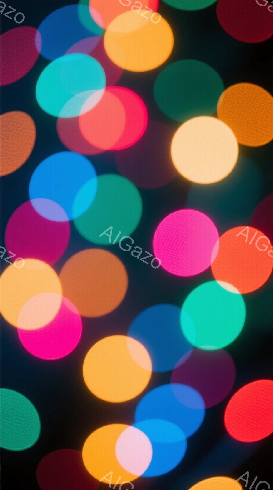 この画像は、ぼやけた色の光の円が重なり合った抽象的な表現です。鮮やかなピンク、オレンジ、青、緑などの色が混ざり合い、背景は暗く、光がぼやけているため、幻想的で夢のような雰囲気を作り出しています。全体として、カラフルで明るく、視覚的に刺激的なイメージです。