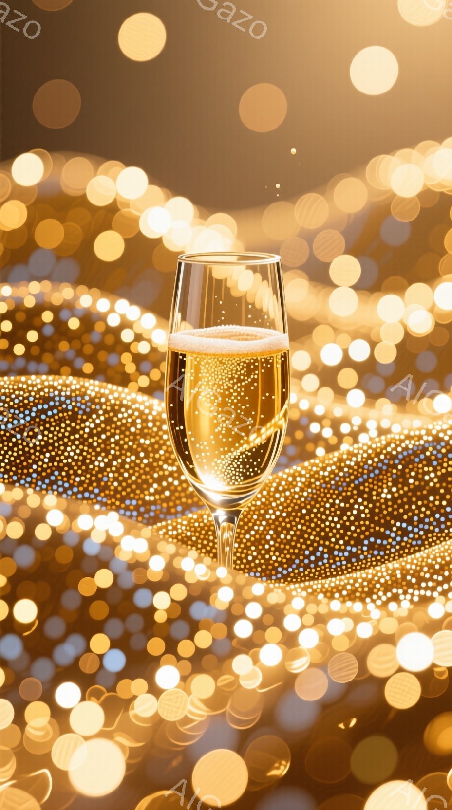 キラキラと輝く金色の光の背景に、シャンパンが満たされたグラスが中央に配置されています。グラスからは細かい泡が立ち上り、お祝いや華やかな雰囲気を演出しています。背景はぼやけた光の粒子で構成されており、夢のような、または幻想的な空間を連想させます。