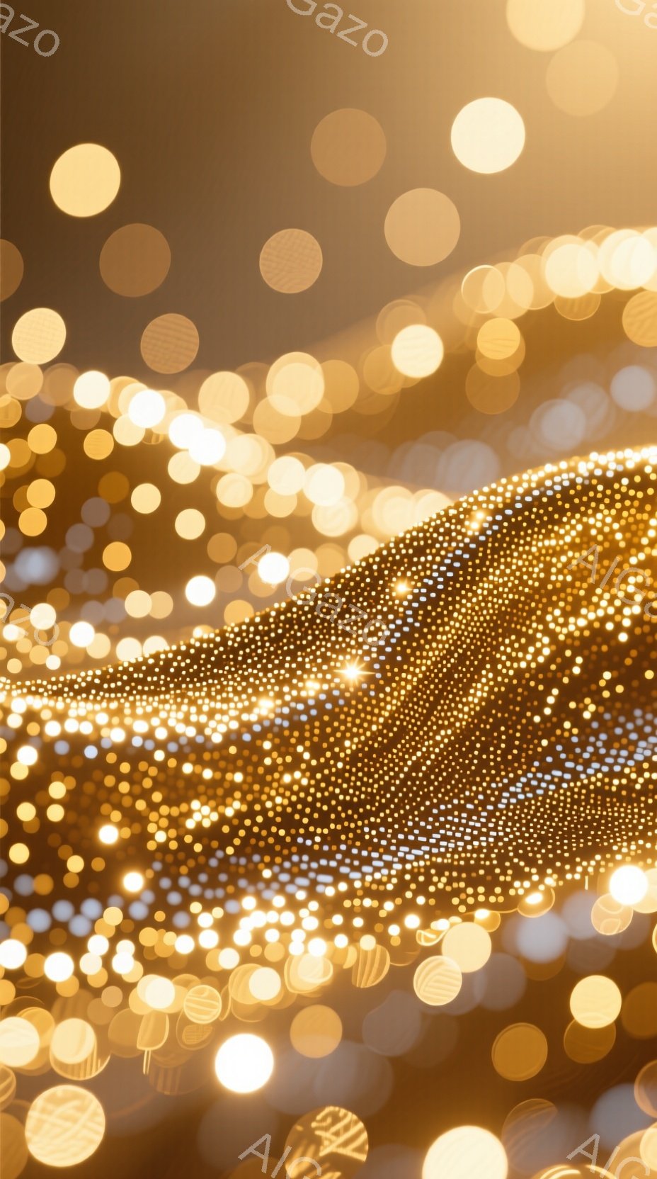 この画像は、無数の光の点が織りなす幻想的な空間を捉えています。光の点は様々なサイズと明るさで、まるで星空のように輝き、ぼやけた金色の光のトンネルのような印象を与えます。背景は暗く、光のコントラストが強 - AI生成フリー素材