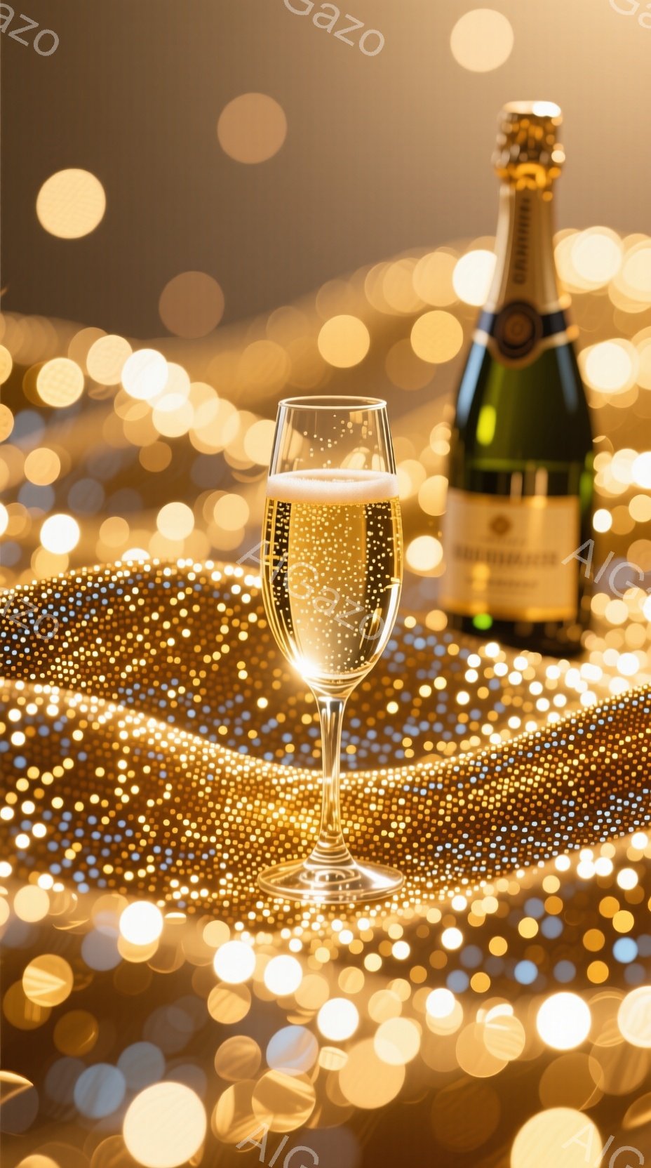 シャンパンがグラスに注がれ、泡が立ち上っている様子が捉えられています。背景には金色のぼやけた光が散りばめられ、シャンパンボトルがグラスの背後にわずかに見えています。全体的に華やかで、お祝いの雰囲気を醸し出しています。